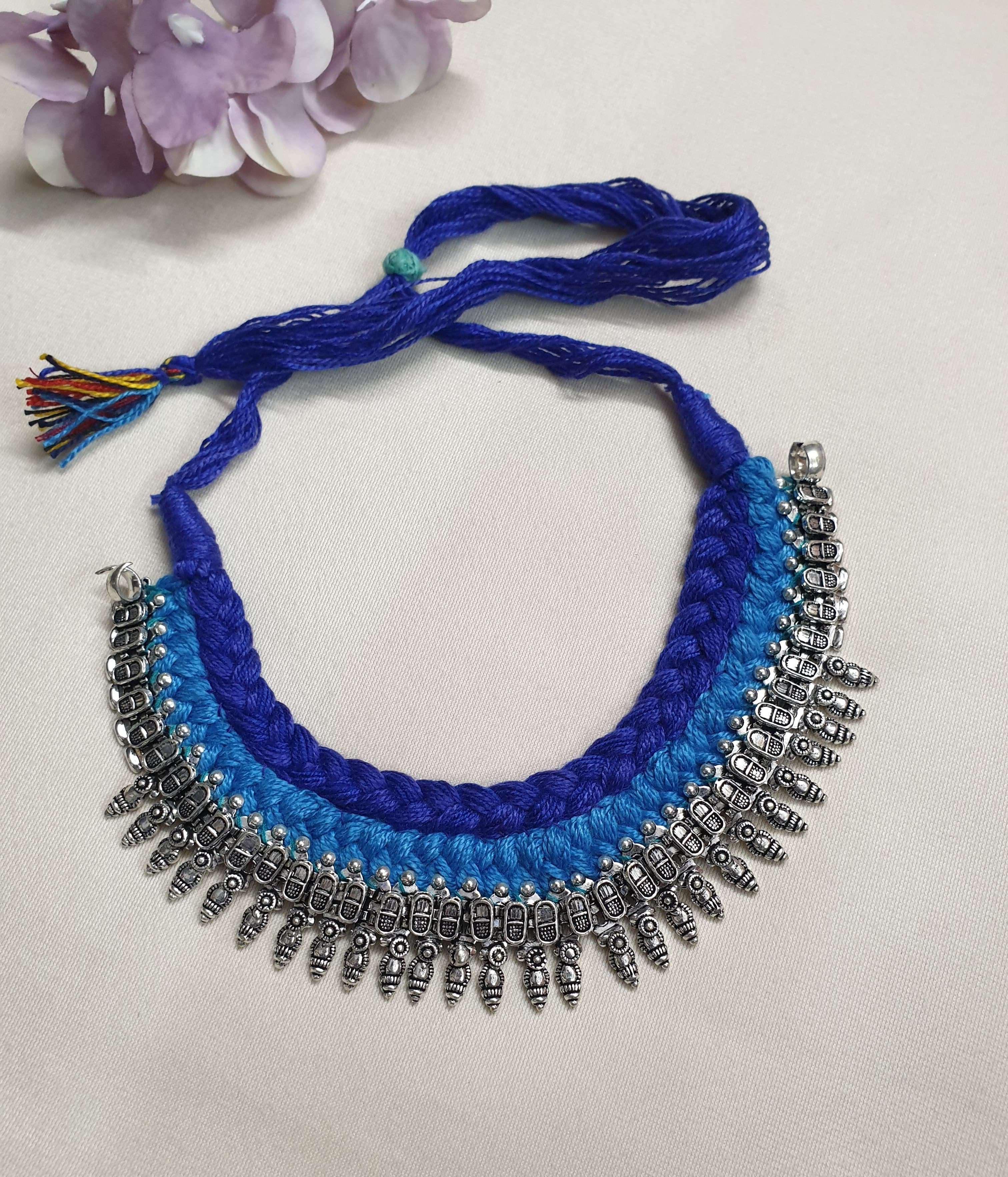 Oxidised Silver Blue Thread Necklace