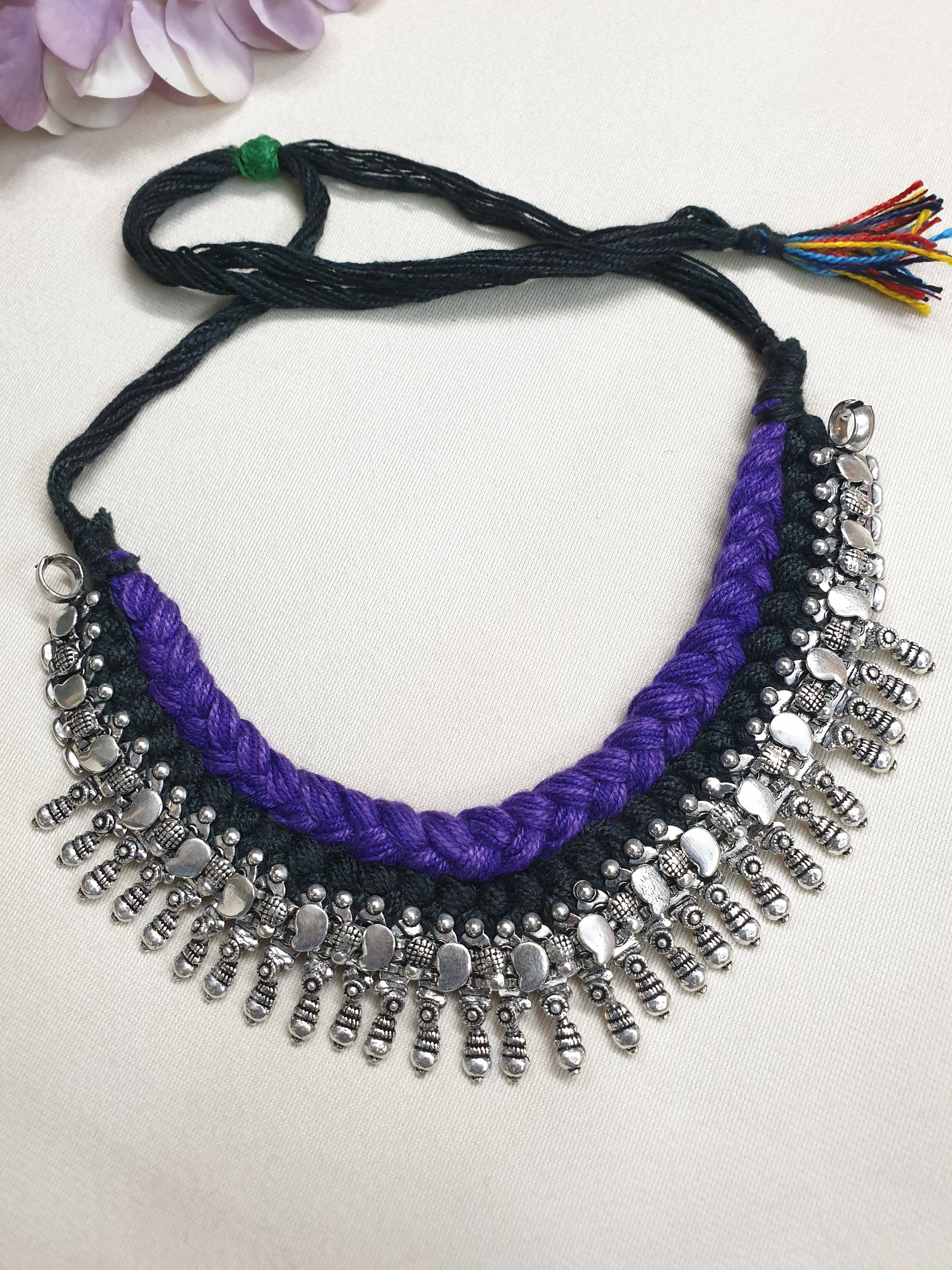 Oxidised Silver Purple Black Thread Necklace