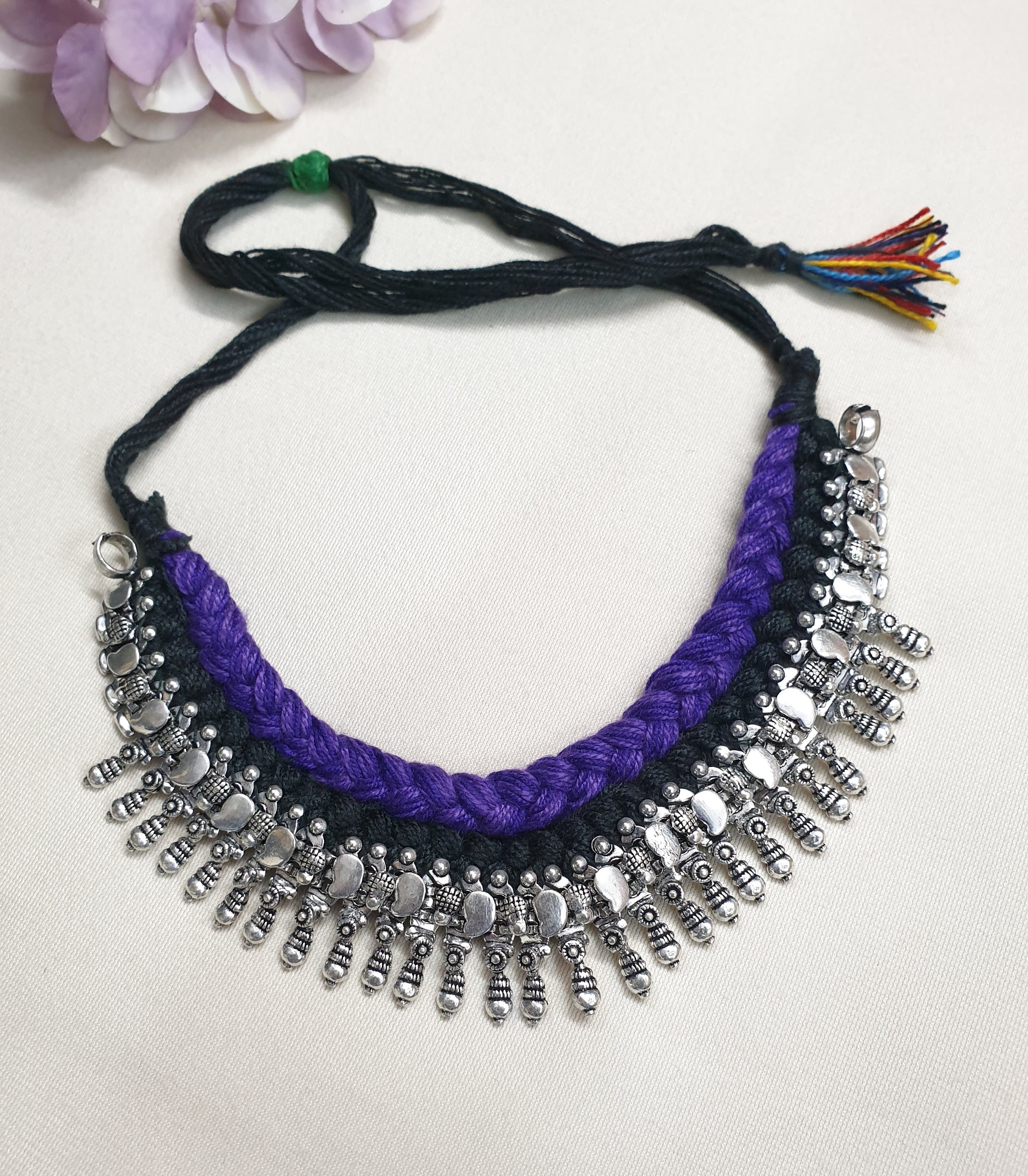 Oxidised Silver Purple Black Thread Necklace