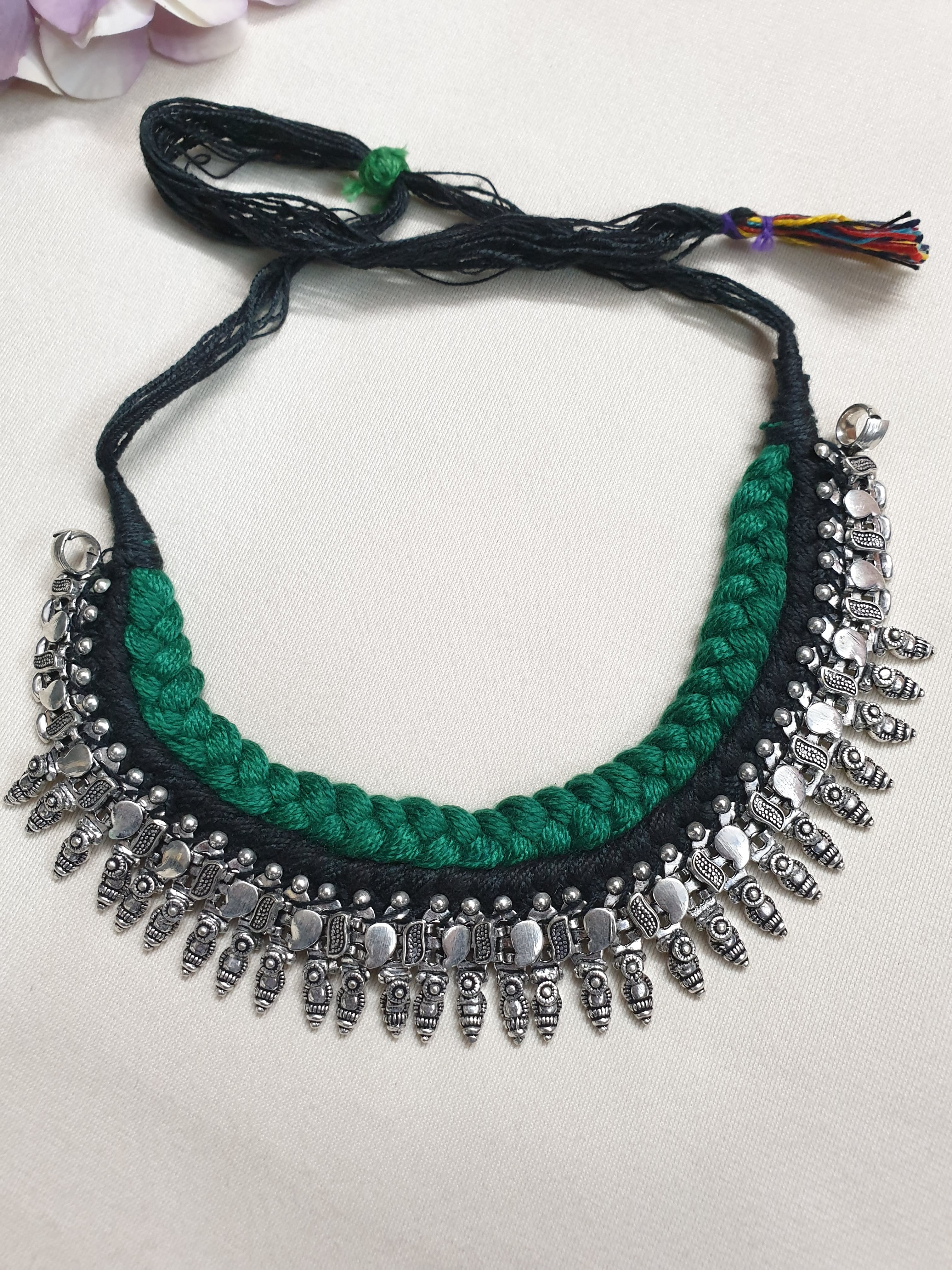 Oxidised Silver Black Green Thread Necklace