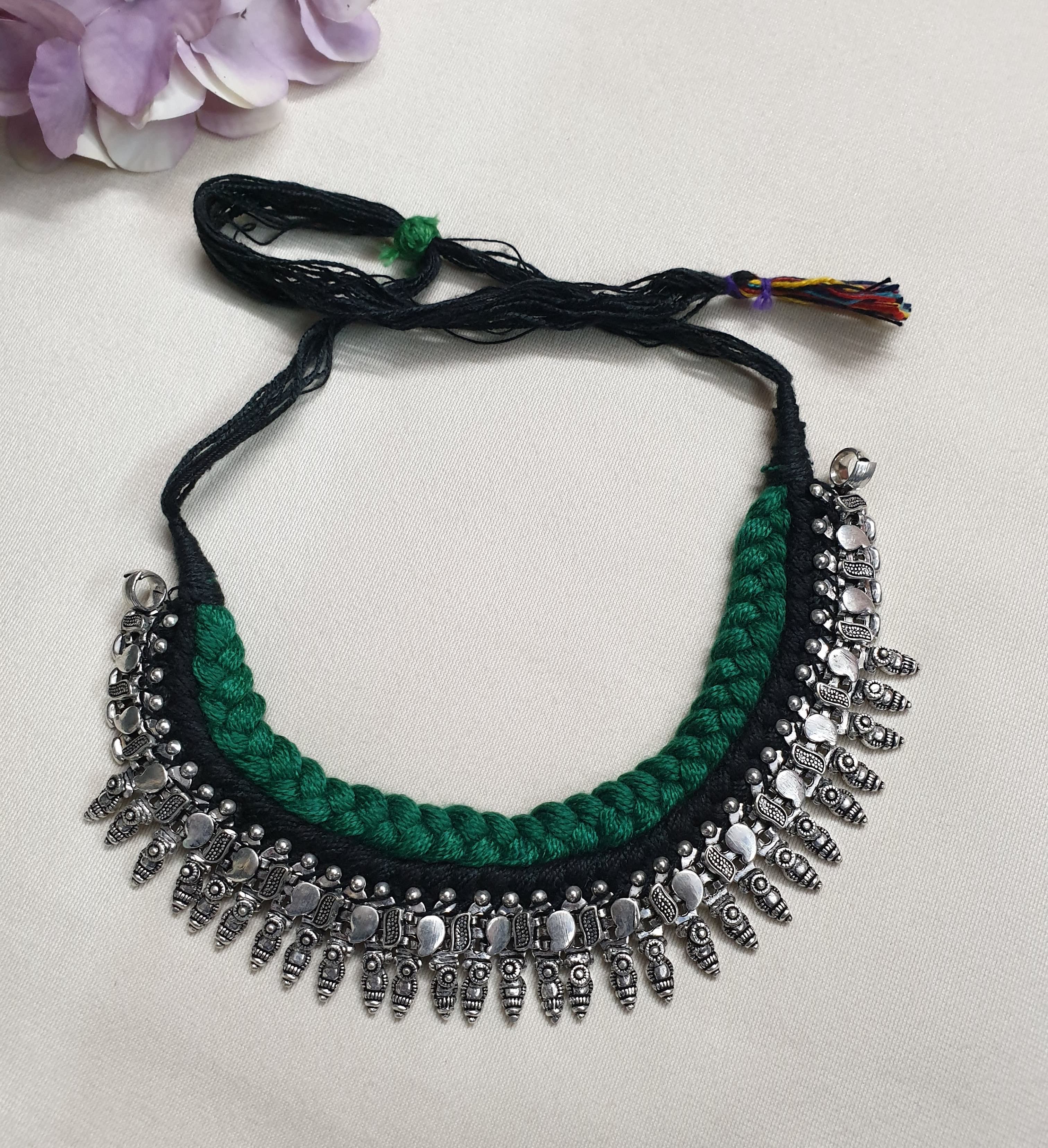 Oxidised Silver Black Green Thread Necklace