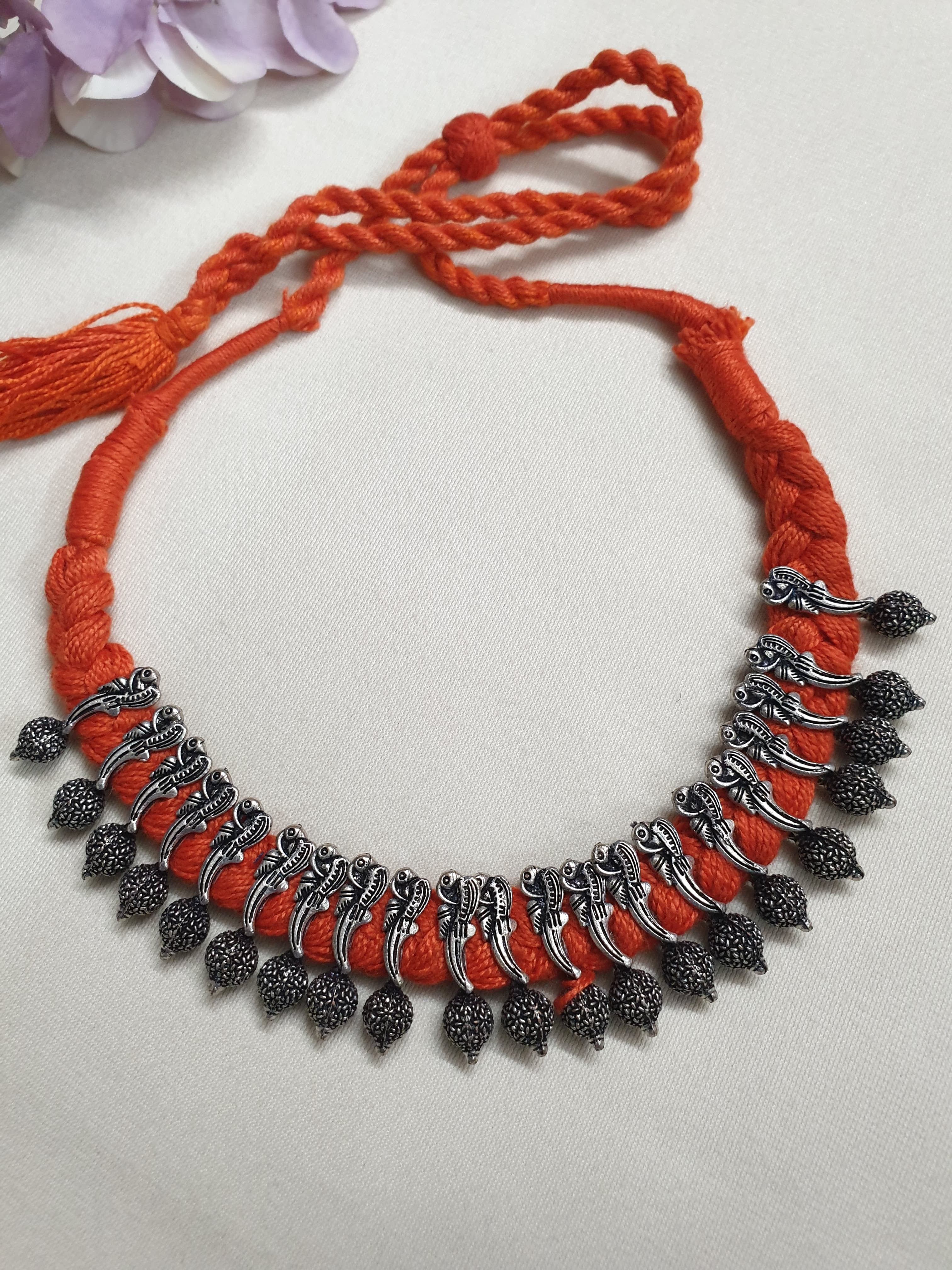 Oxidised Silver Orange Thread Necklace