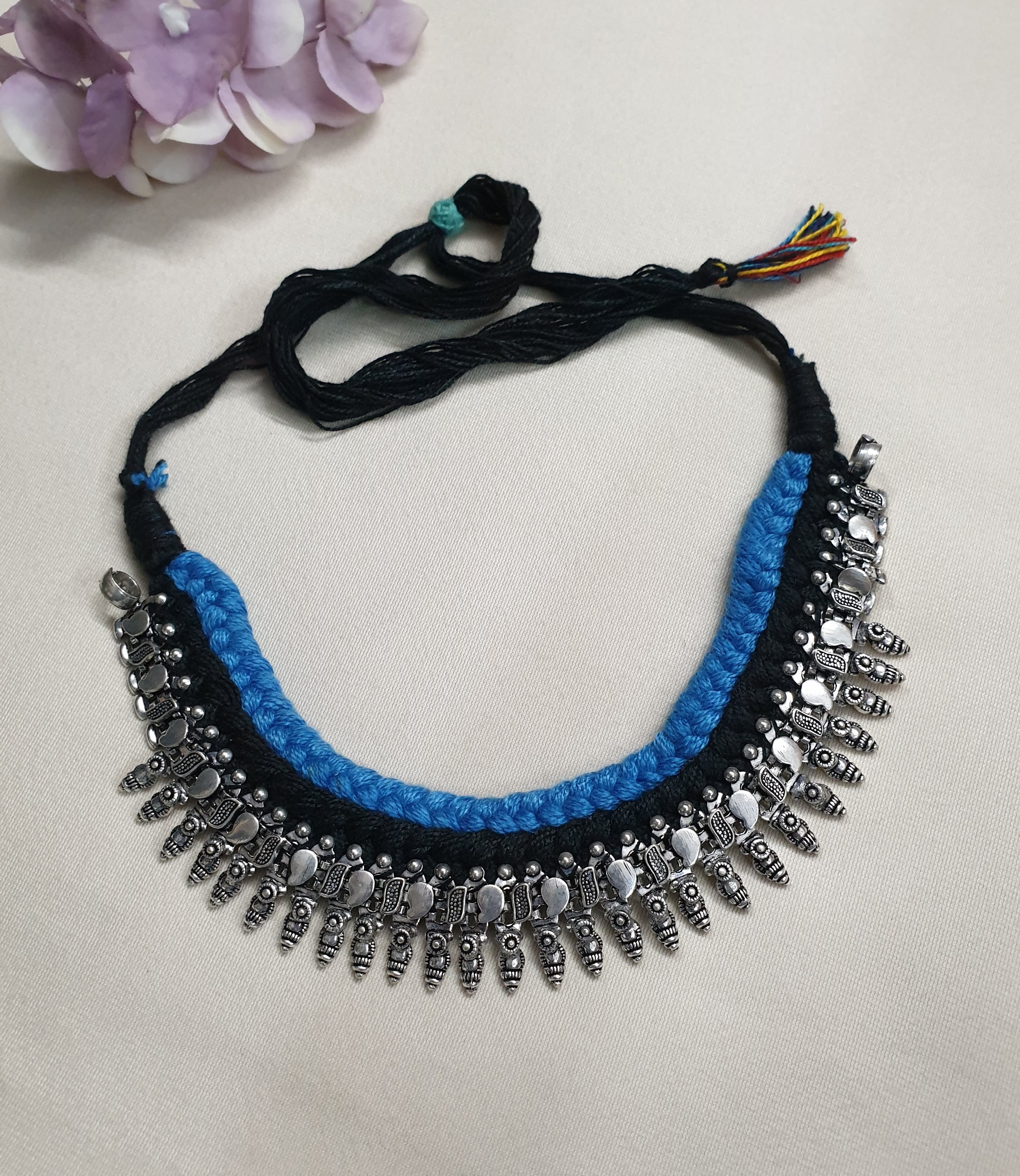 Oxidised Silver Black Blue Thread Necklace