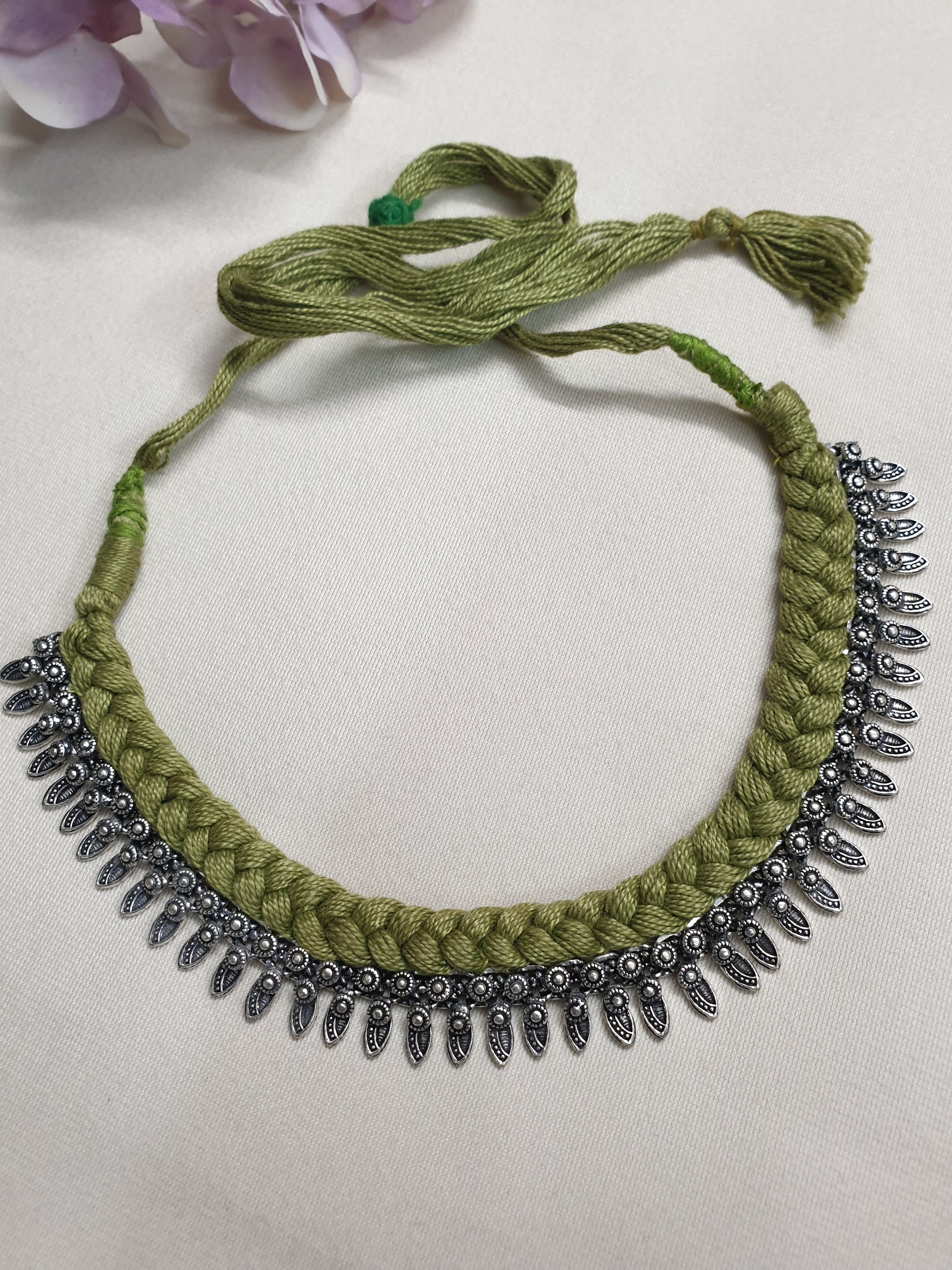 Oxidised Silver Olive Green Thread Necklace