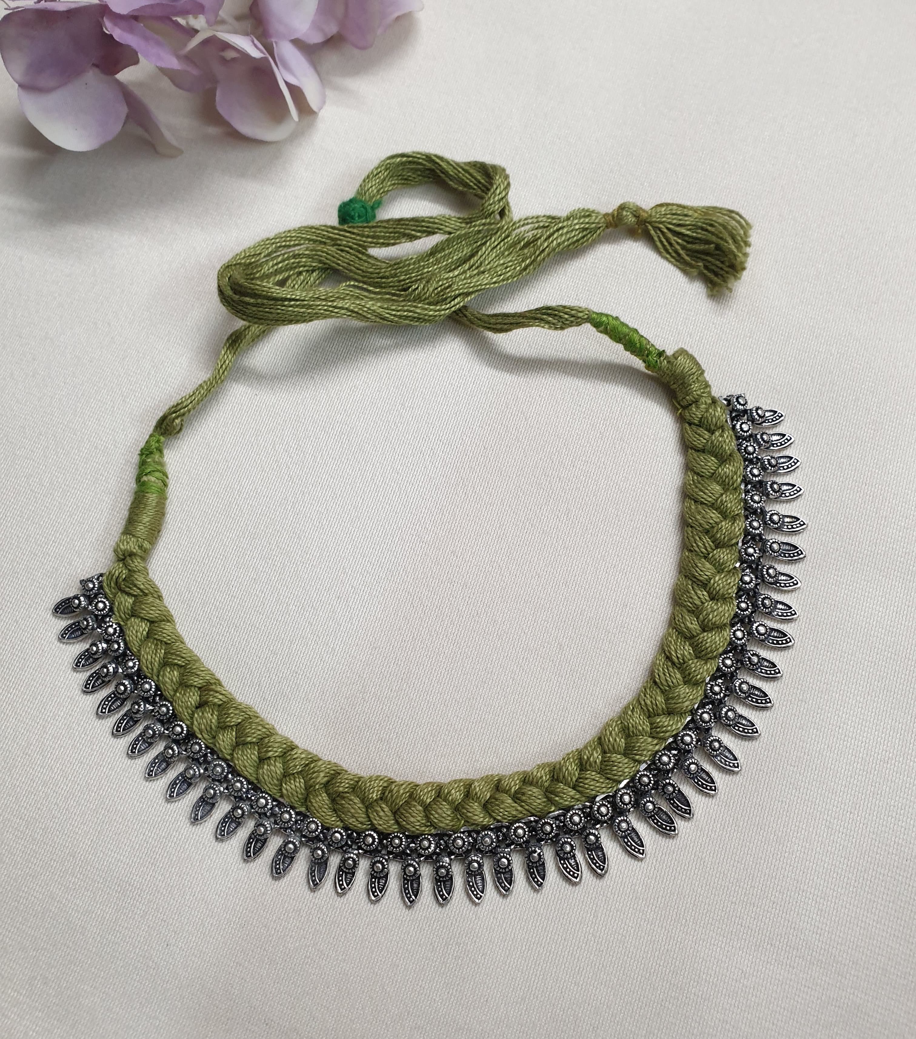 Oxidised Silver Olive Green Thread Necklace