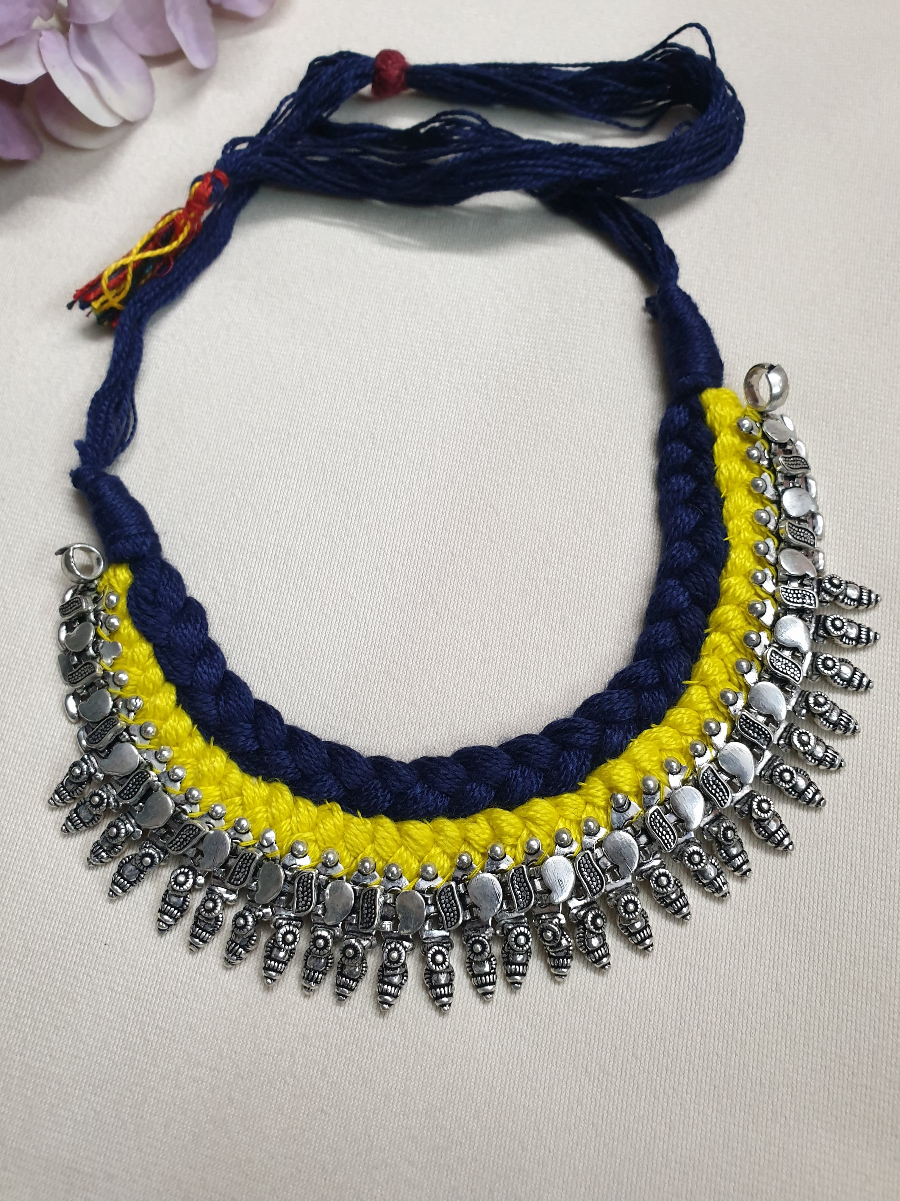 Oxidised Silver Blue Yellow Thread Necklace