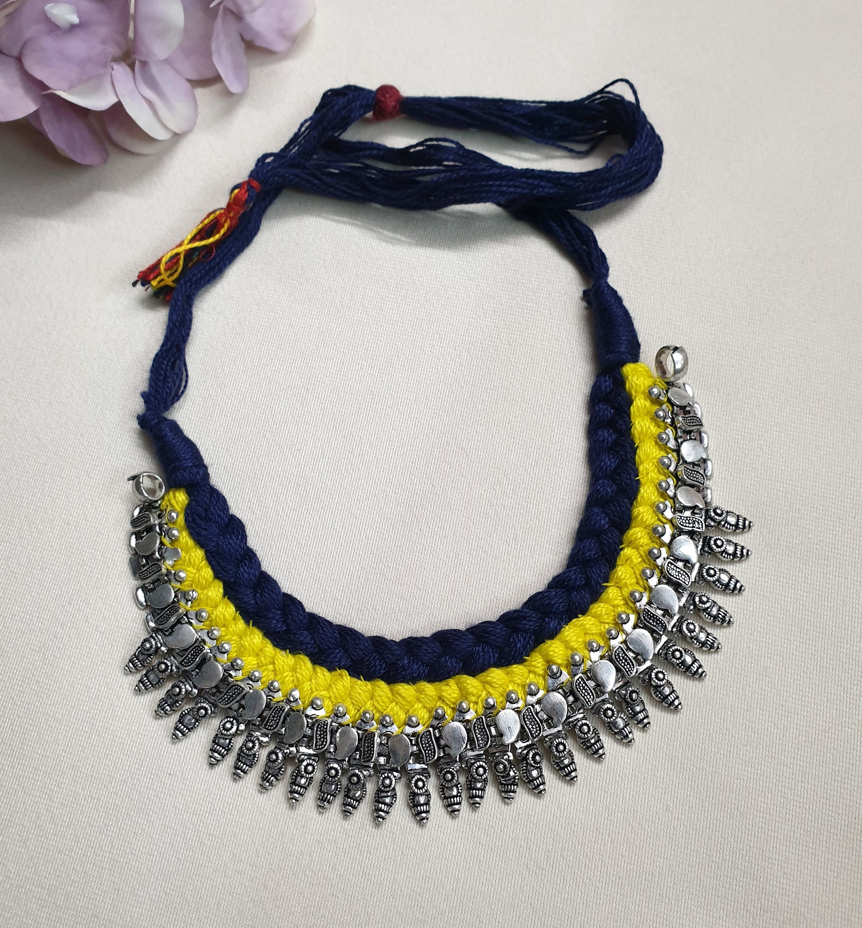 Oxidised Silver Blue Yellow Thread Necklace