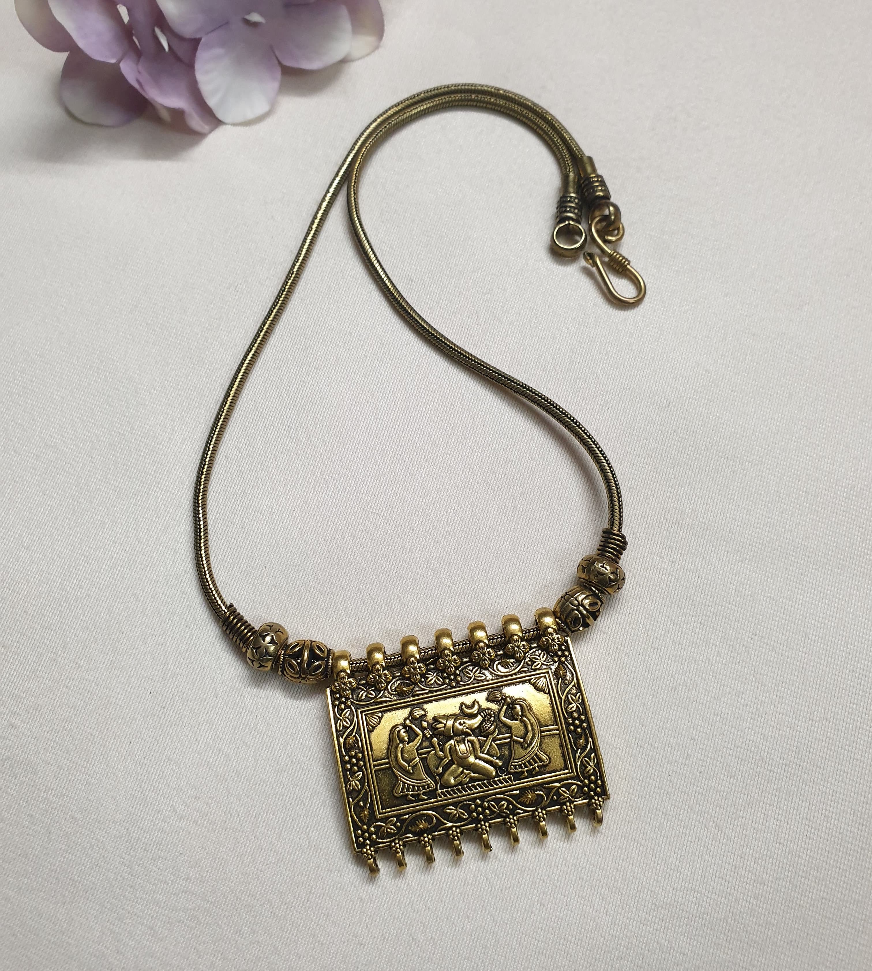 Antique Gold Ganesha Handcarved Chain Necklace