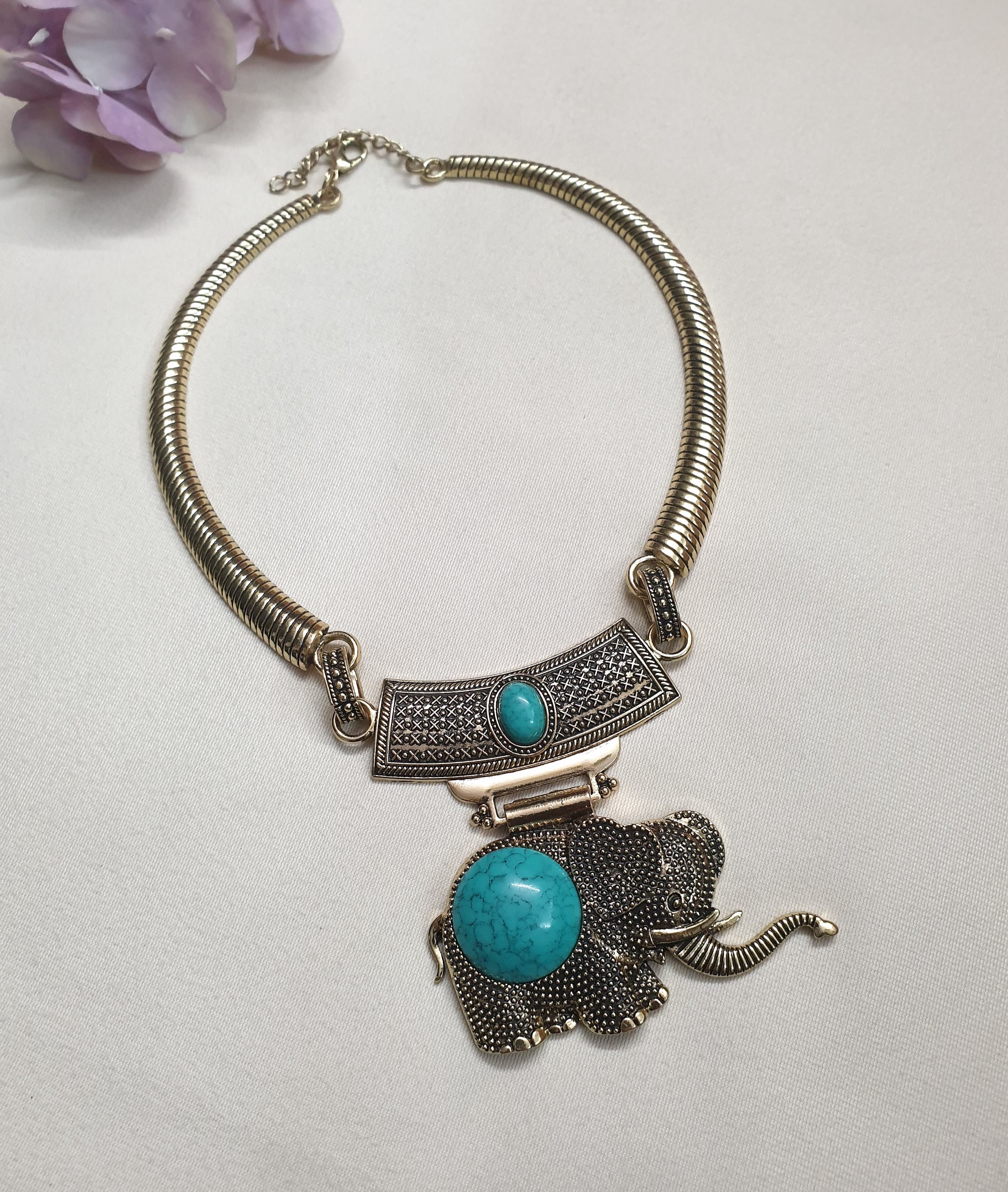 Turquoise Stone Oxidised Elephant Necklace