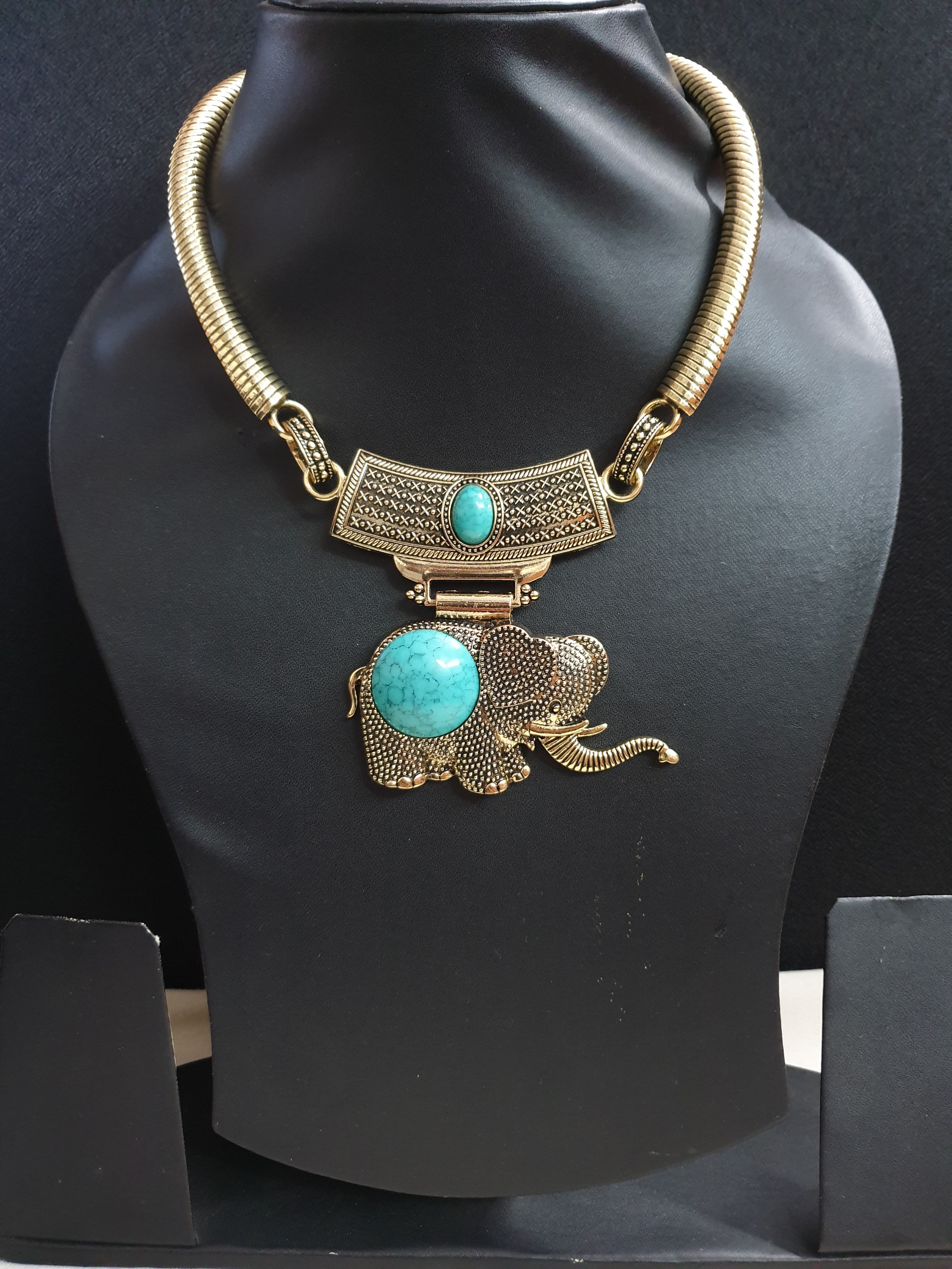 Turquoise Stone Oxidised Elephant Necklace