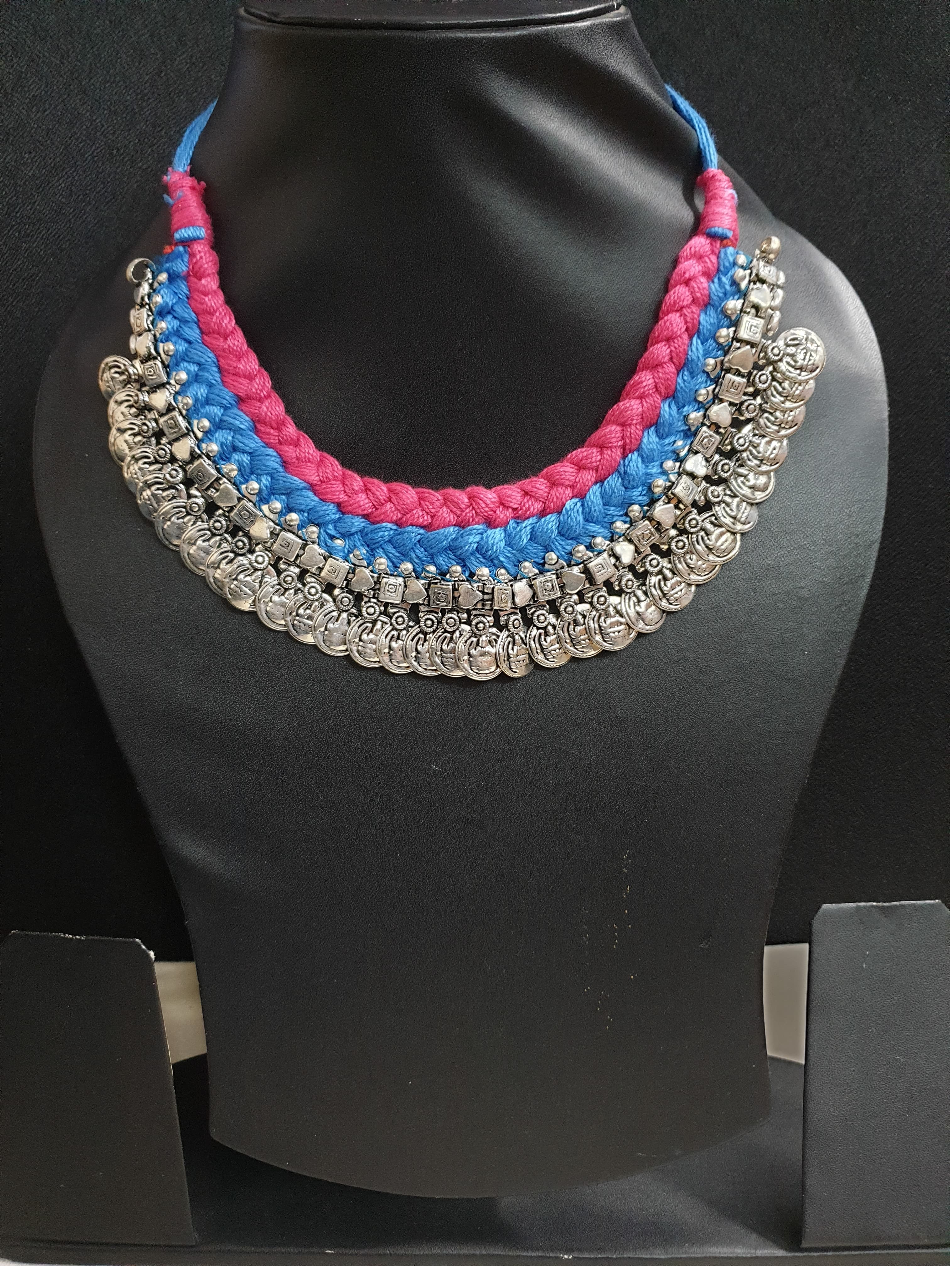 Oxidised Silver Pink Blue Thread Necklace