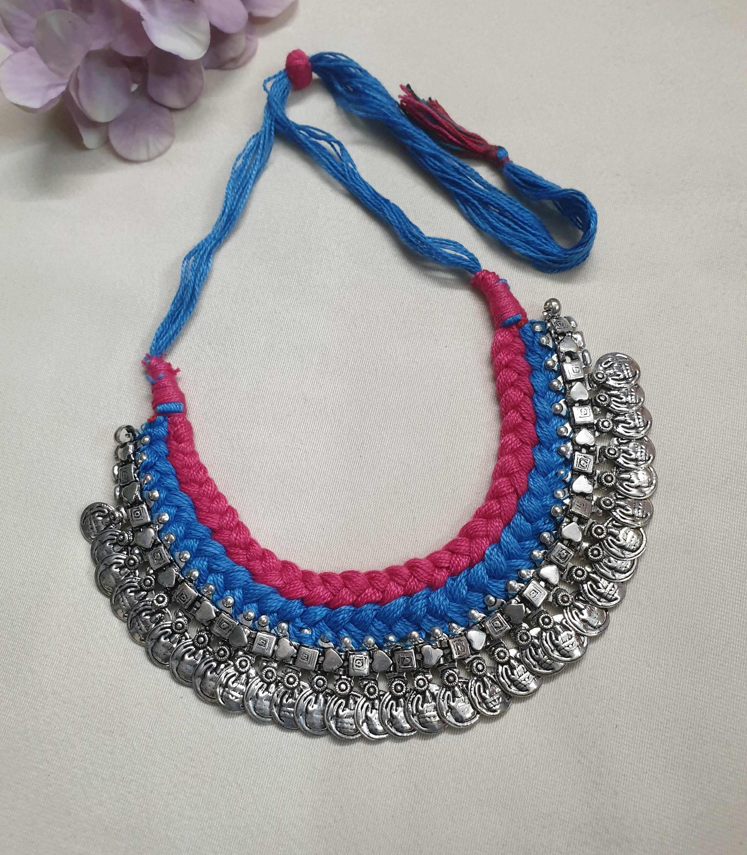 Oxidised Silver Pink Blue Thread Necklace