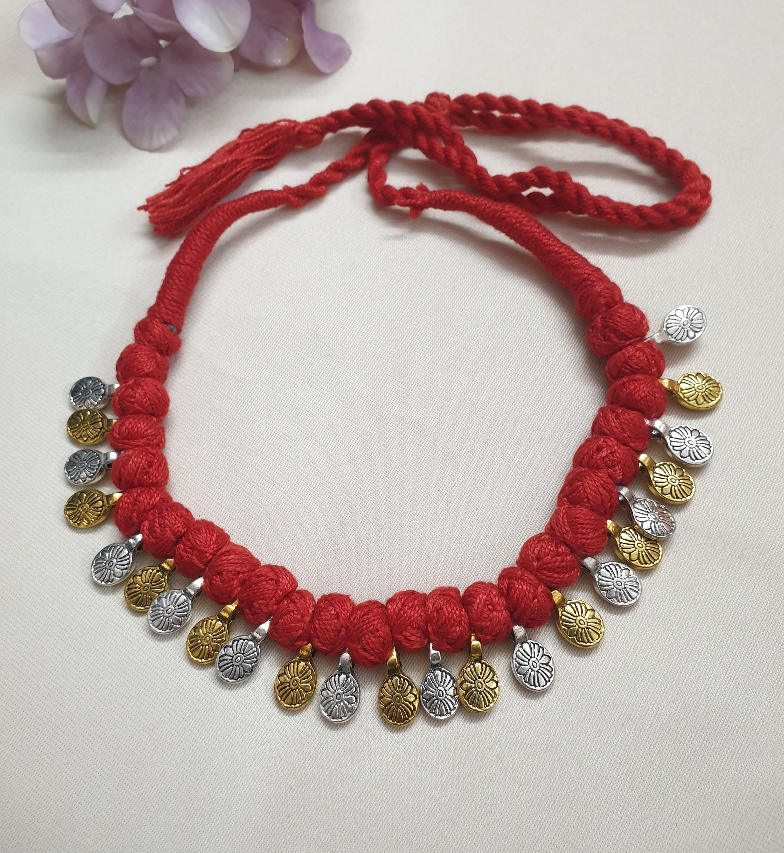 Dual Tone Oxidised Red Thread Necklace Set