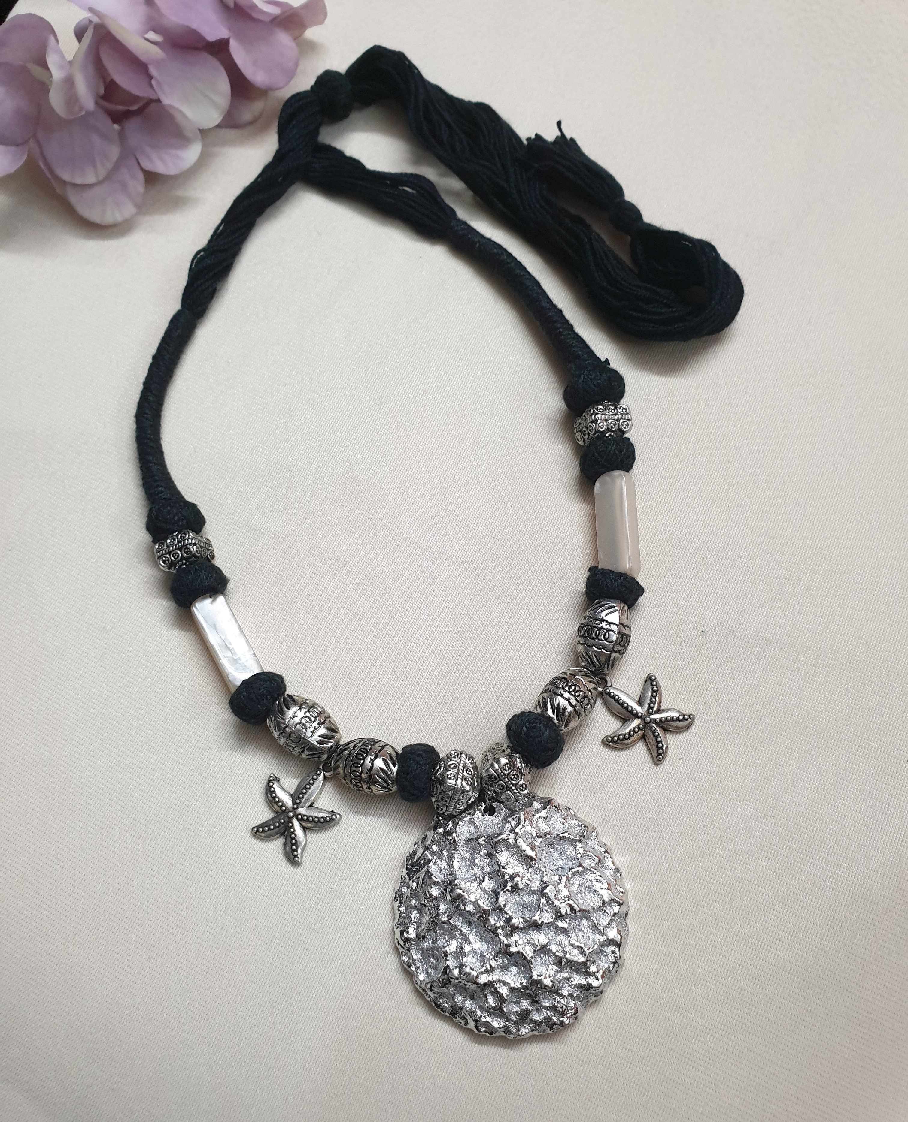 Black Thread Oxidised Silver Necklace Set