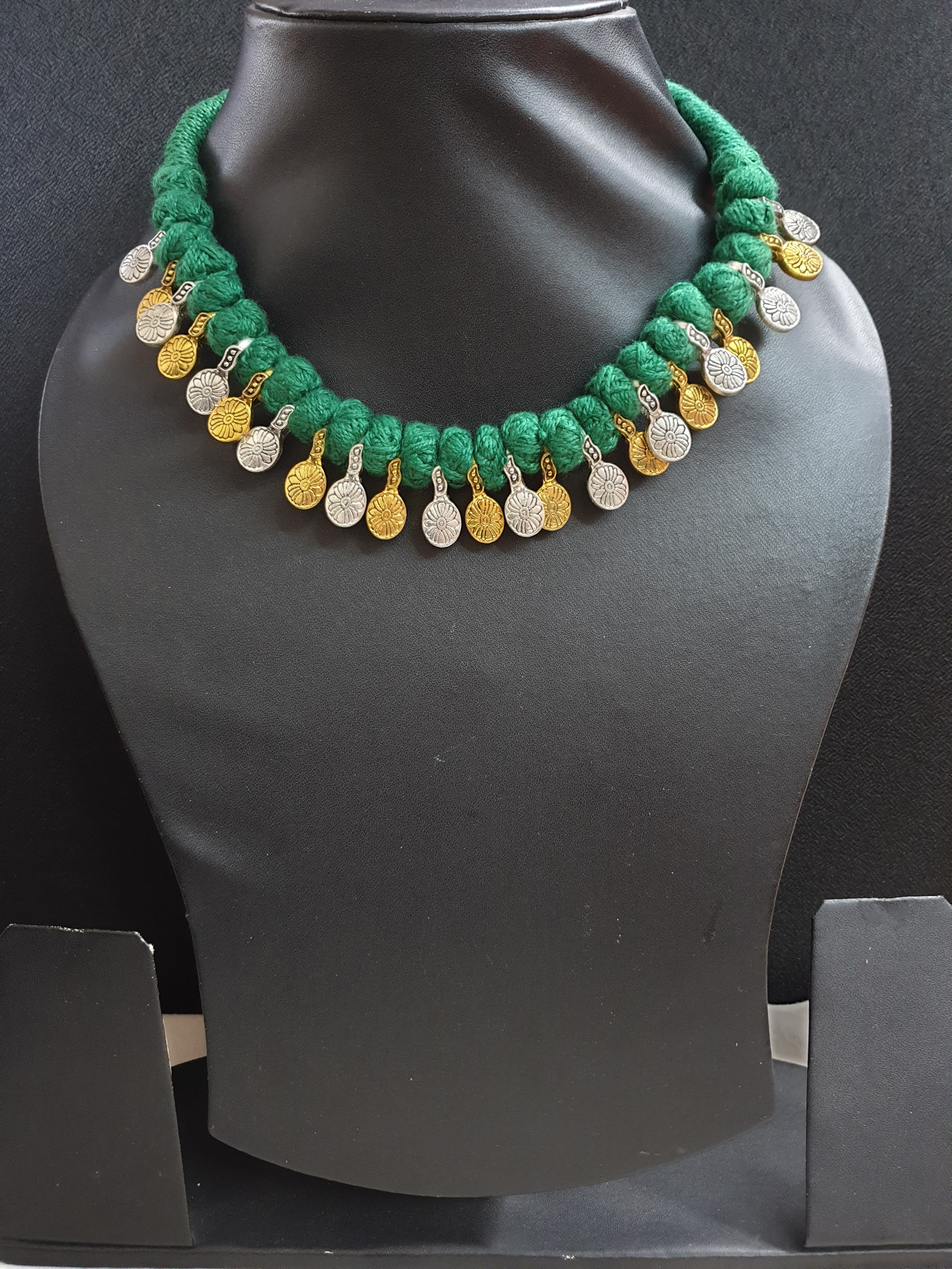 Dual Tone Oxidised Green Thread Necklace Set