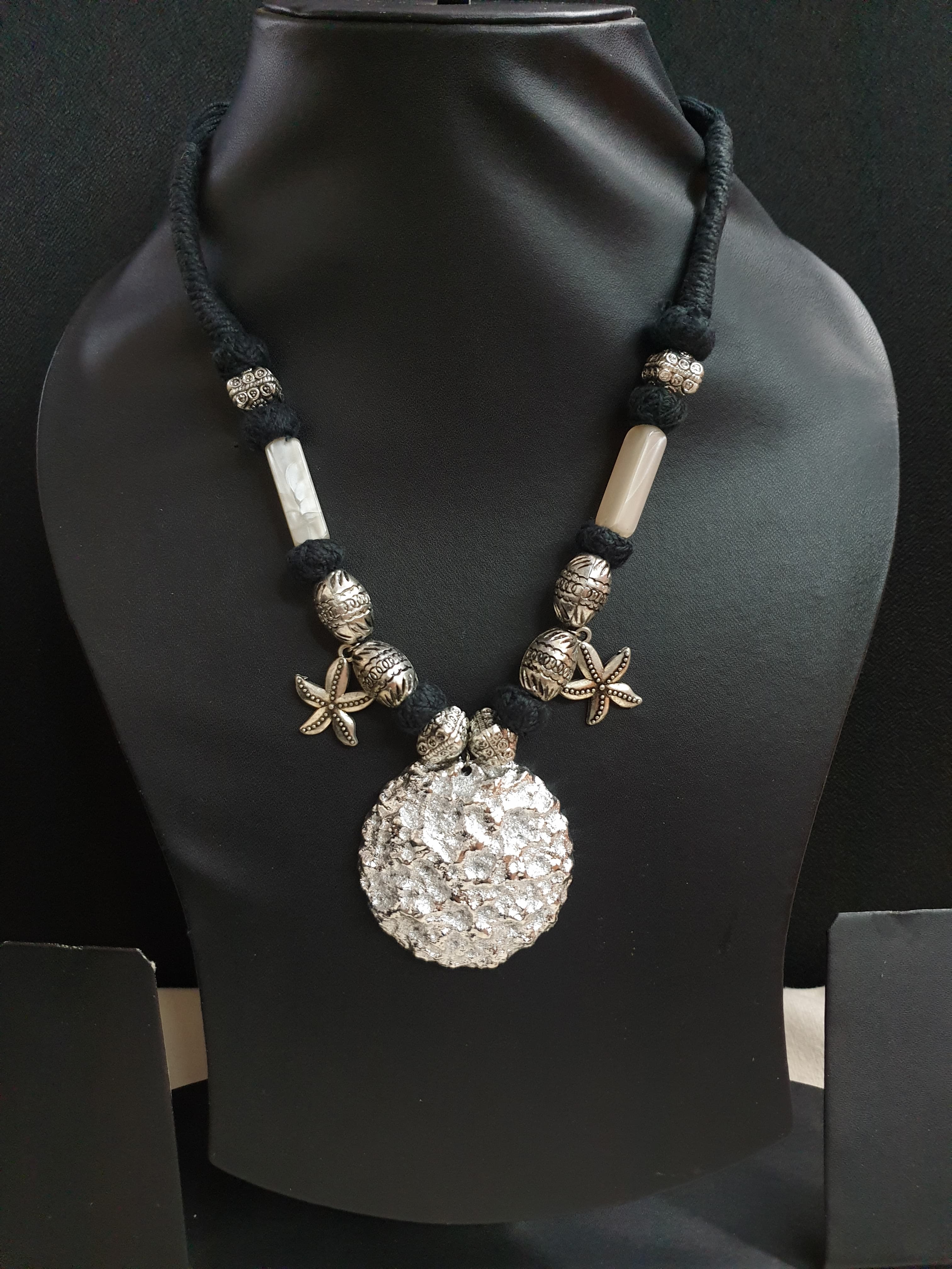 Black Thread Oxidised Silver Necklace Set