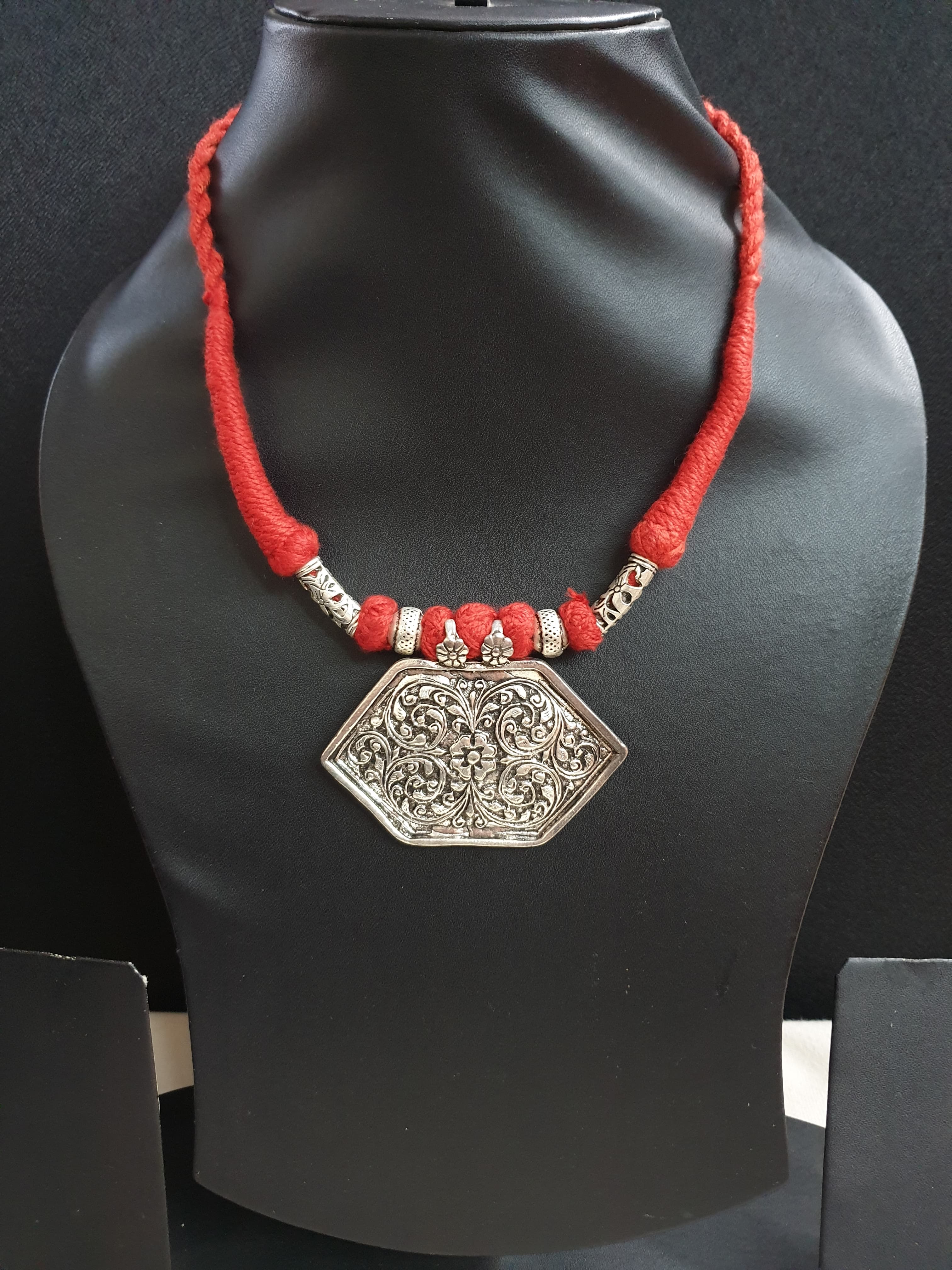 Red Thread Oxidised Silver Necklace Set