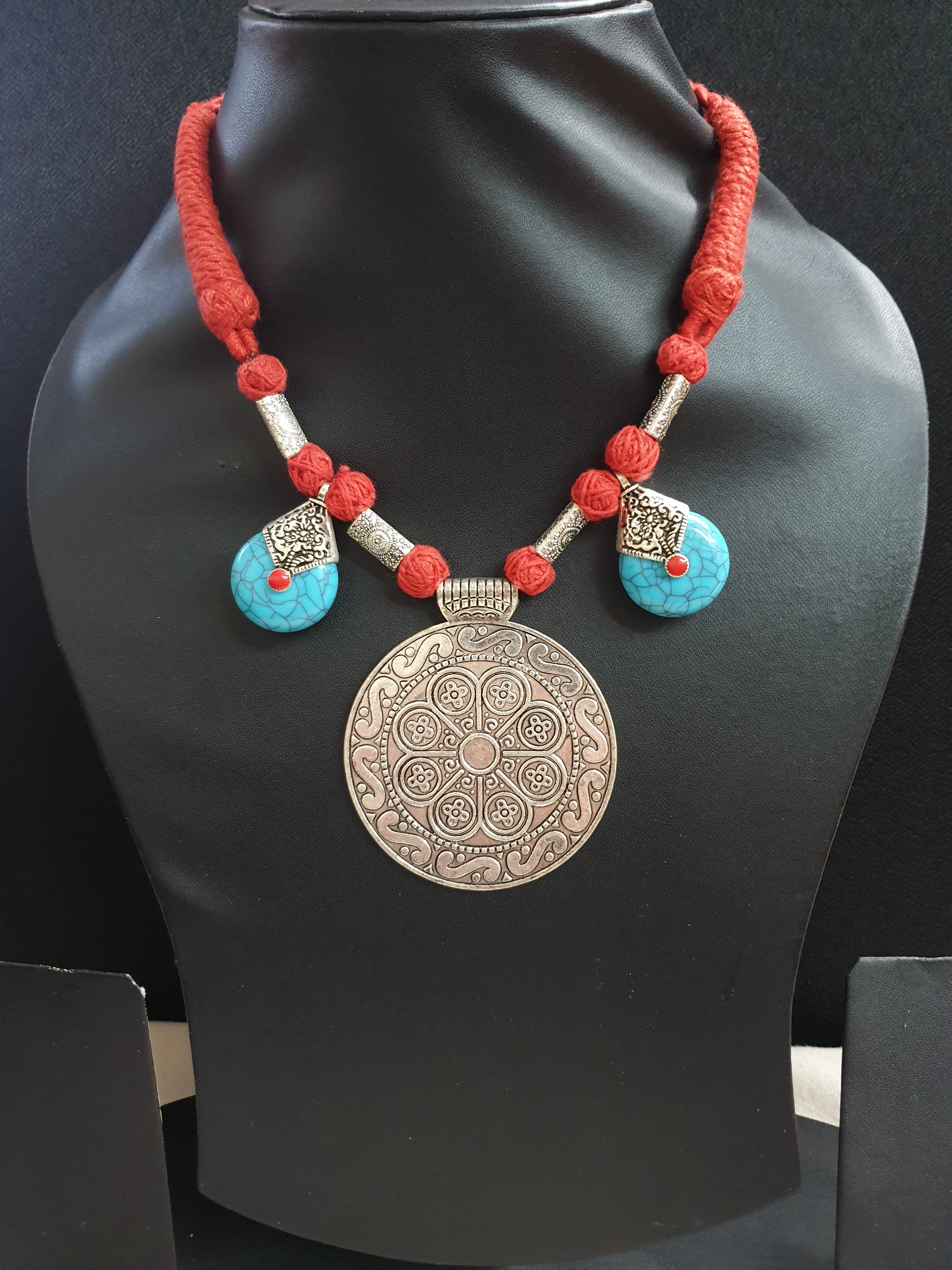 Red Thread Oxidised Silver Turquoise Necklace Set