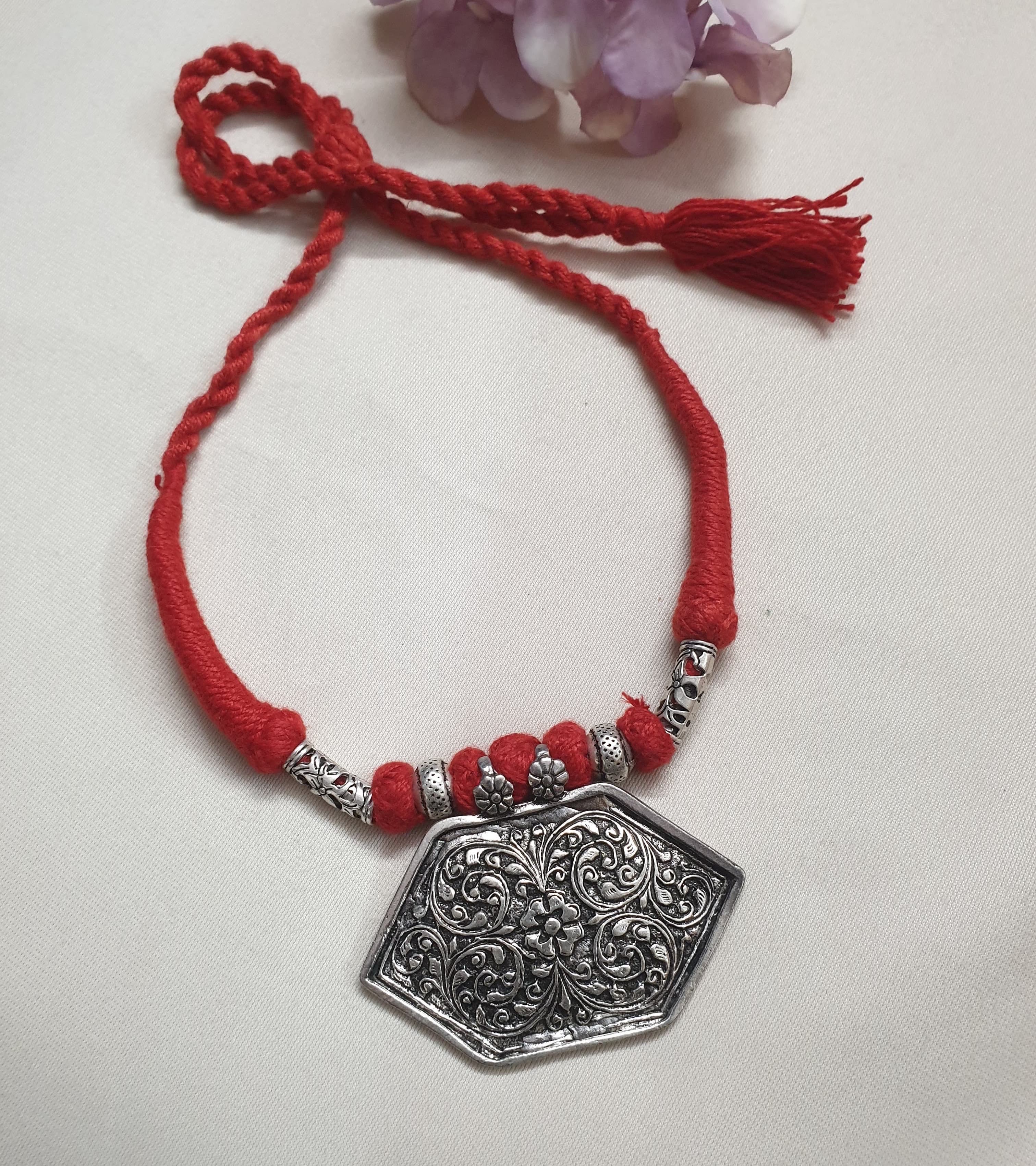 Red Thread Oxidised Silver Necklace Set