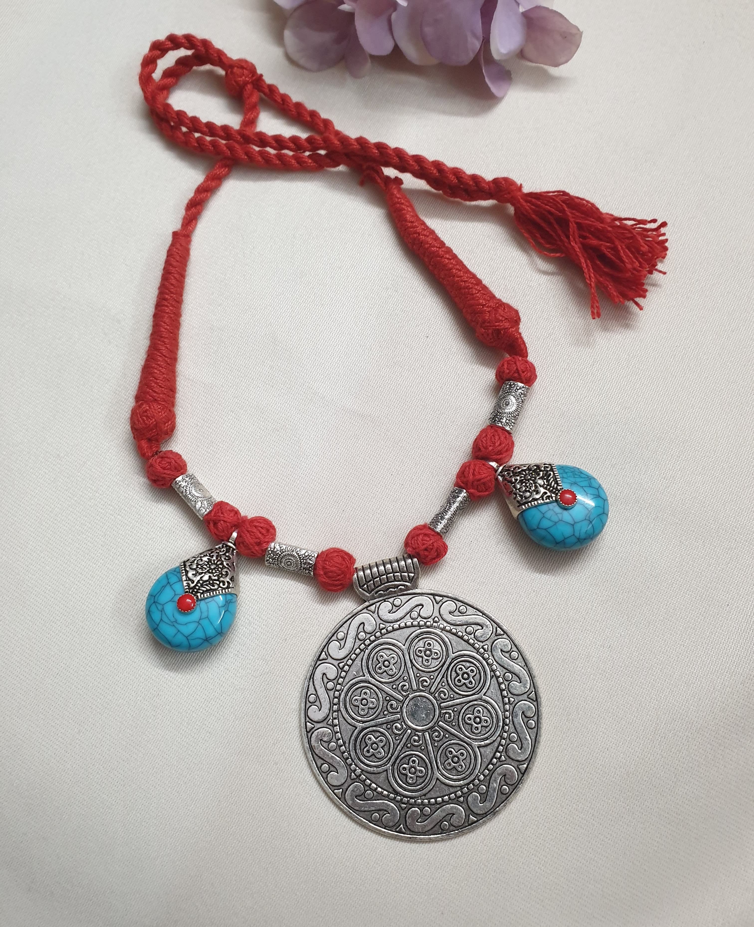 Red Thread Oxidised Silver Turquoise Necklace Set