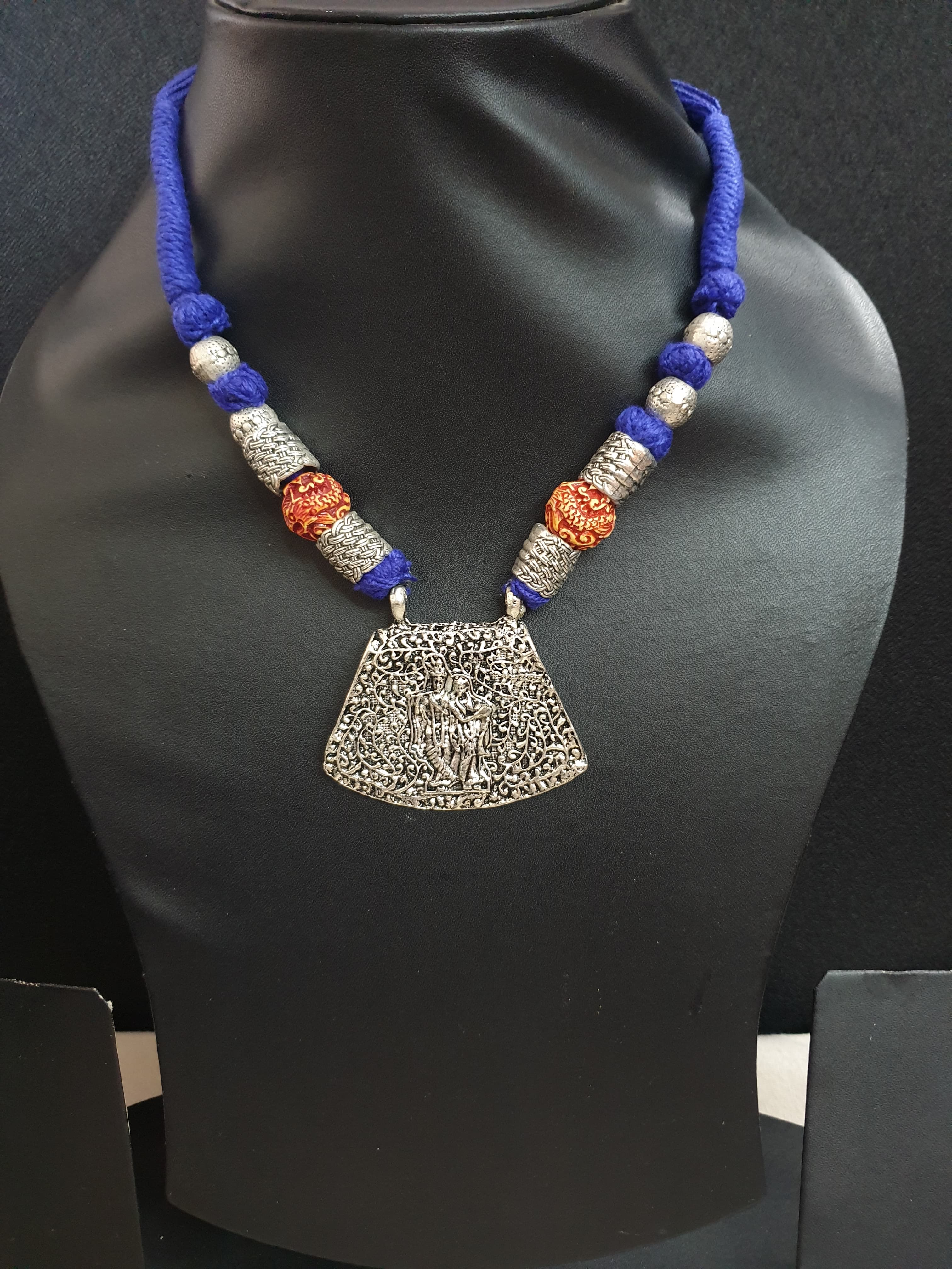 Radha Krishna Blue Thread Oxidised Silver Necklace Set