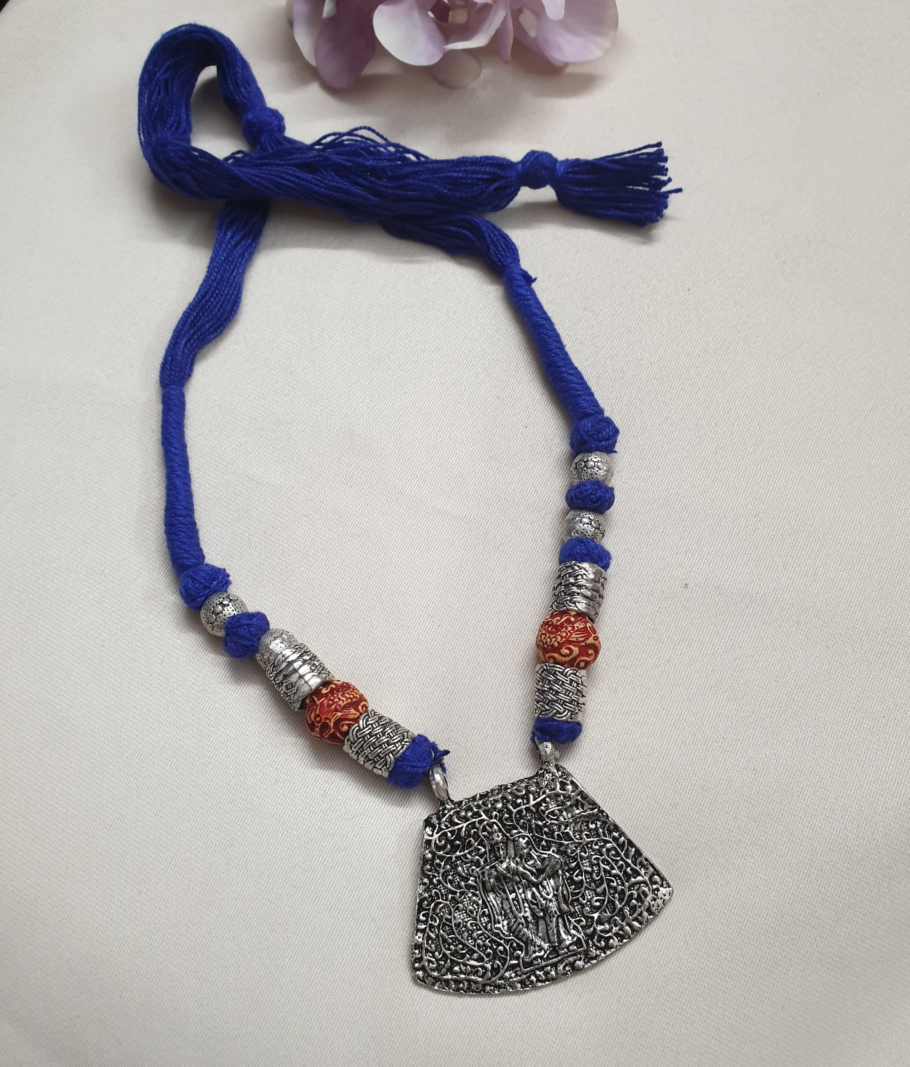 Radha Krishna Blue Thread Oxidised Silver Necklace Set