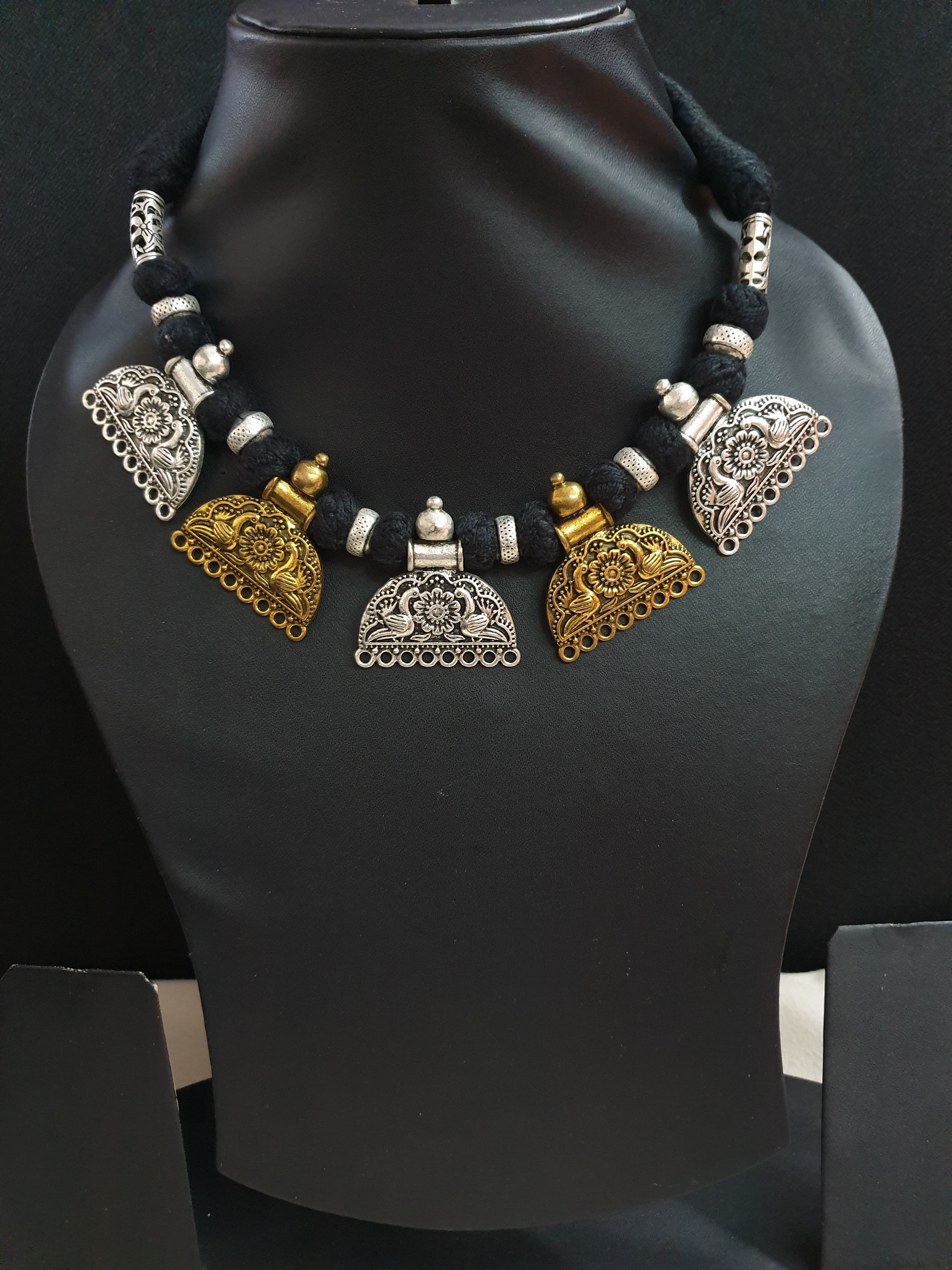 Dual Tone Black Thread Oxidised Silver Necklace Set