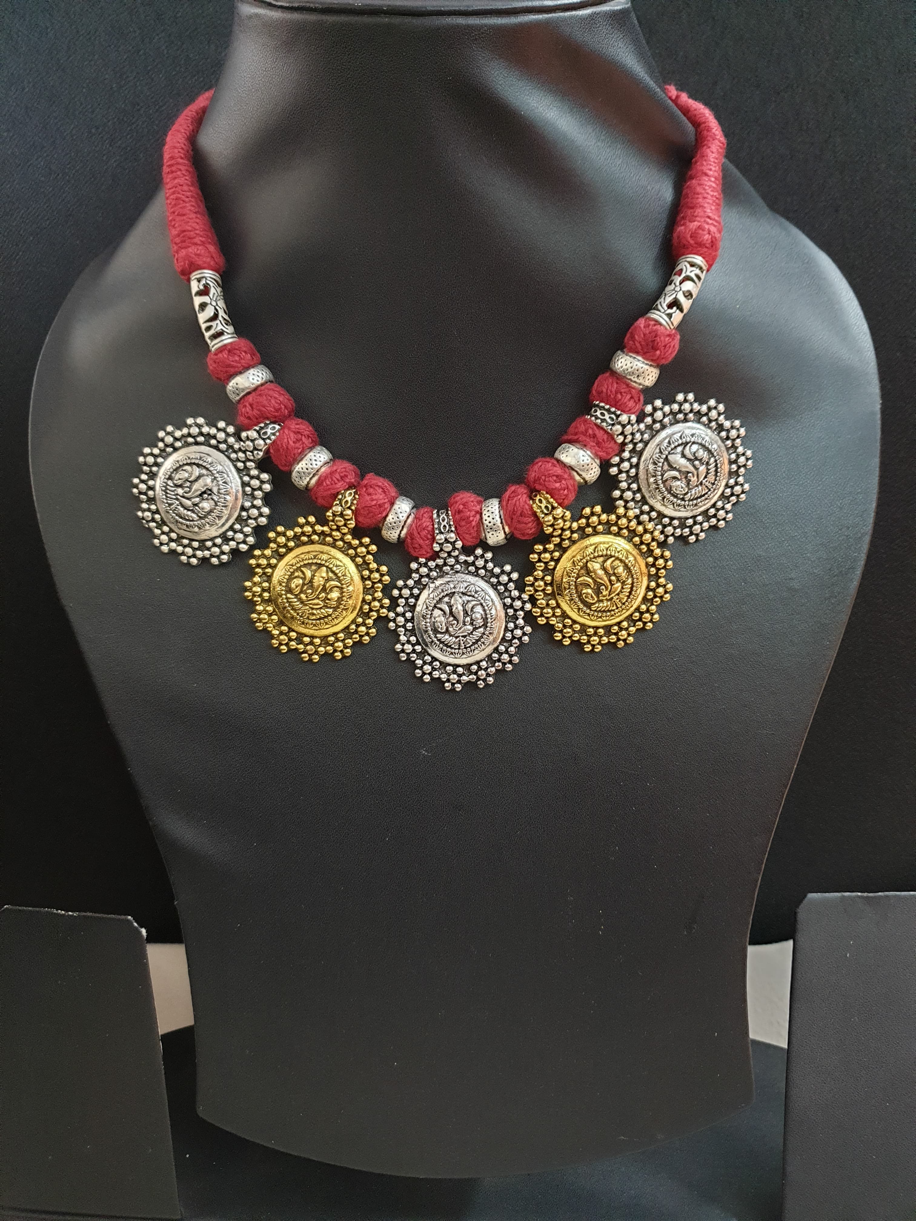 Ganesha Dual Tone Oxidised Maroon Thread Necklace