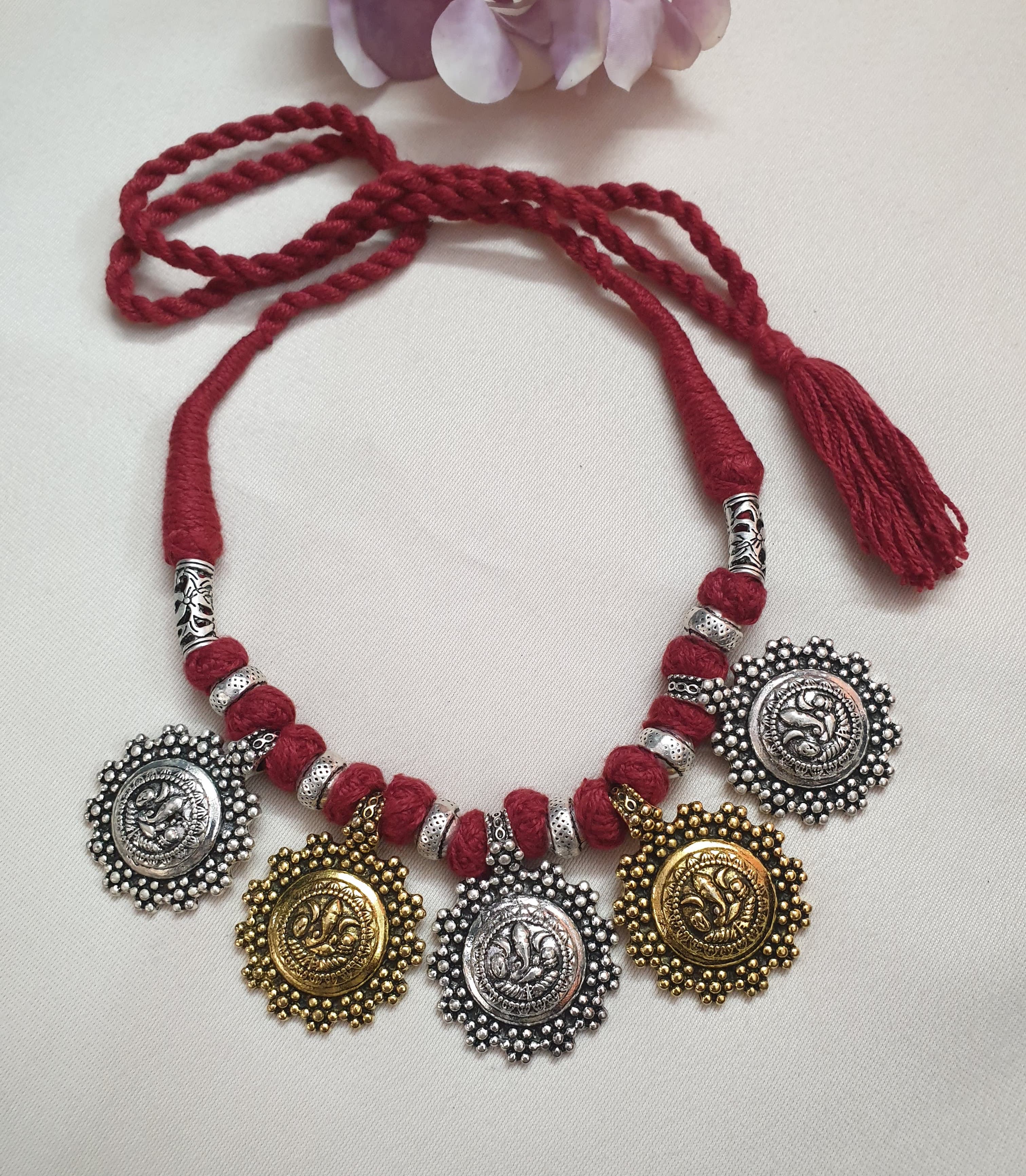 Ganesha Dual Tone Oxidised Maroon Thread Necklace