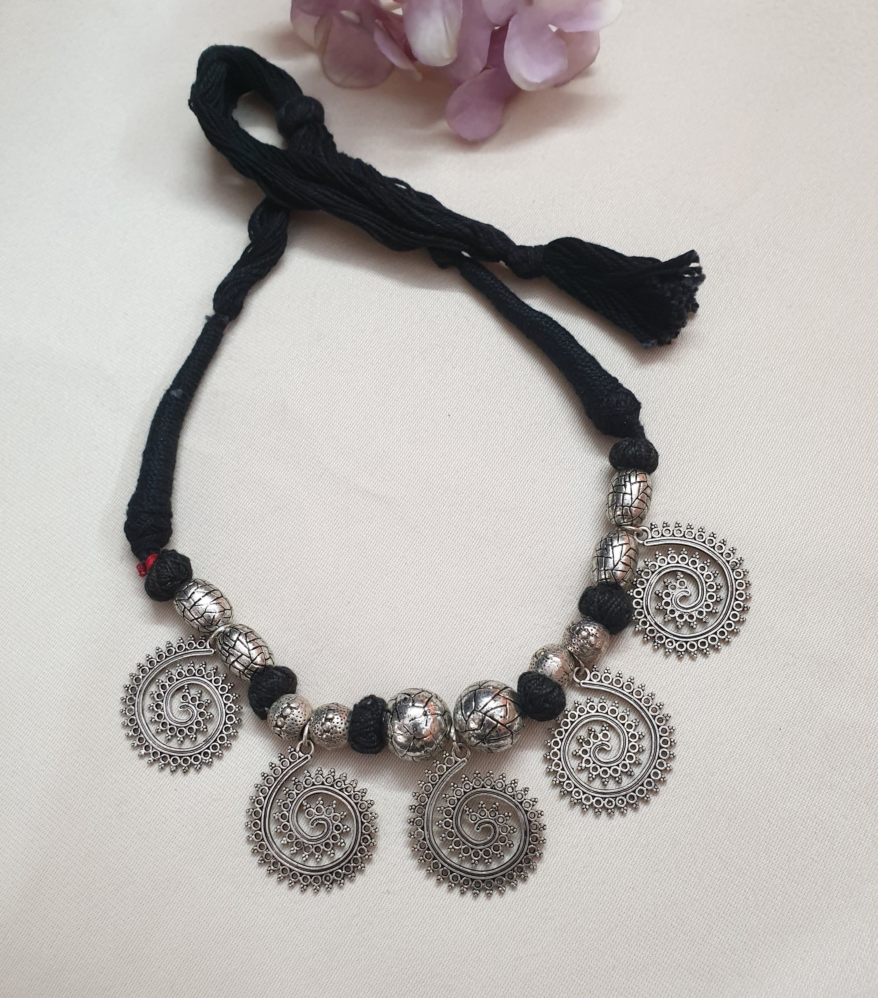 Oxidised Silver Black Thread Fancy Necklace