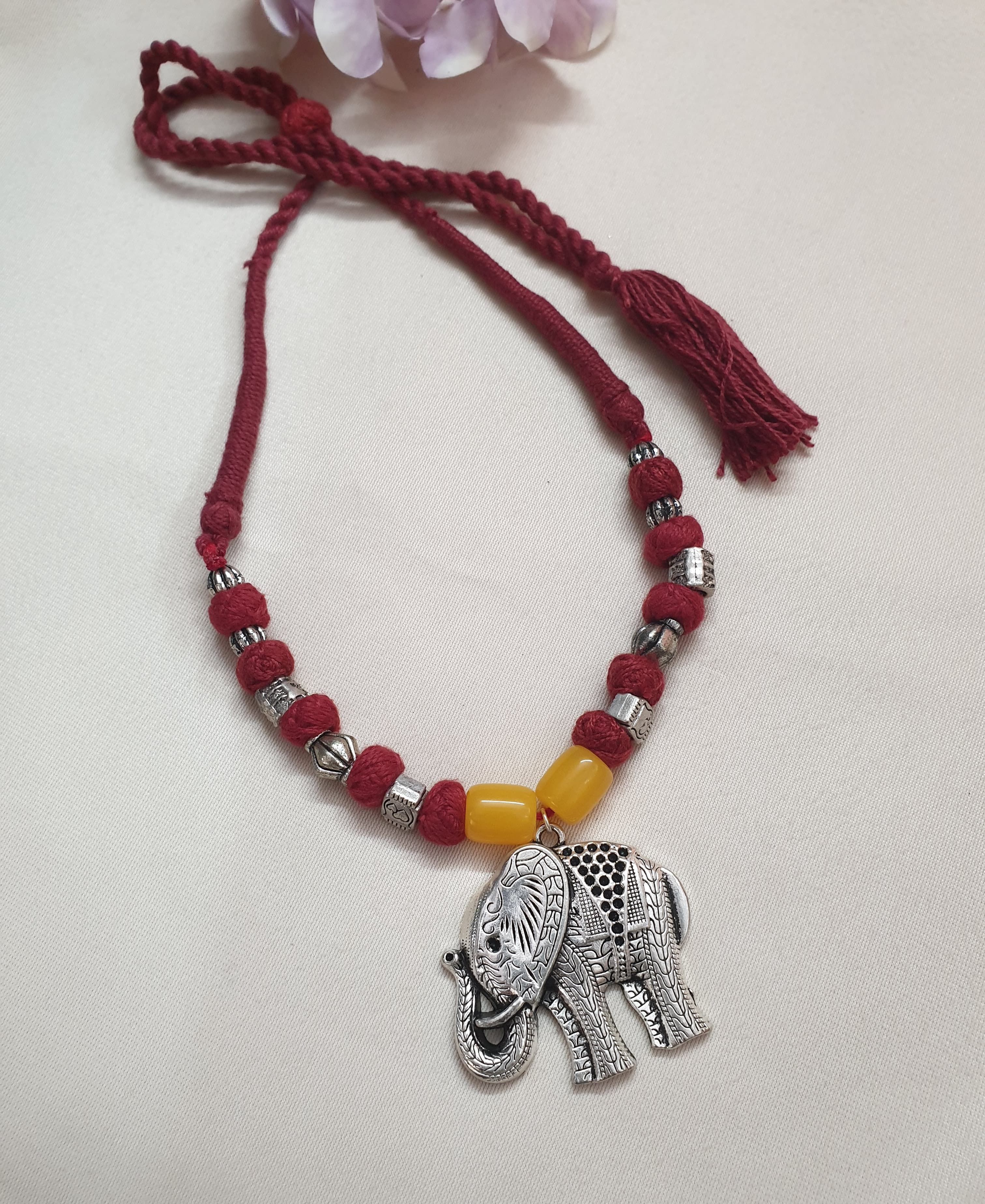 Oxidised Silver Elephant Thread Fancy Necklace