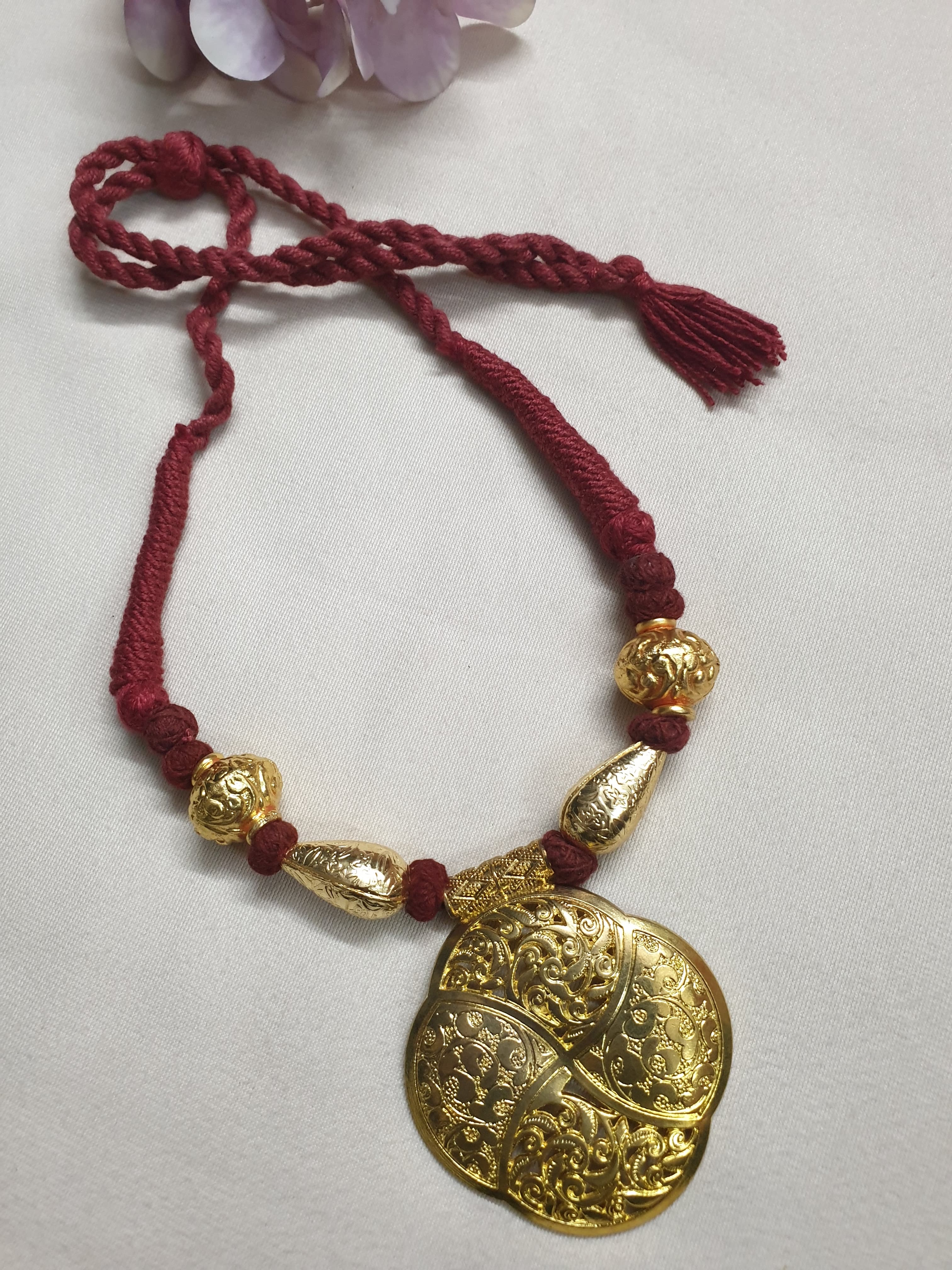 Oxidised Gold Tone Maroon Thread Necklace