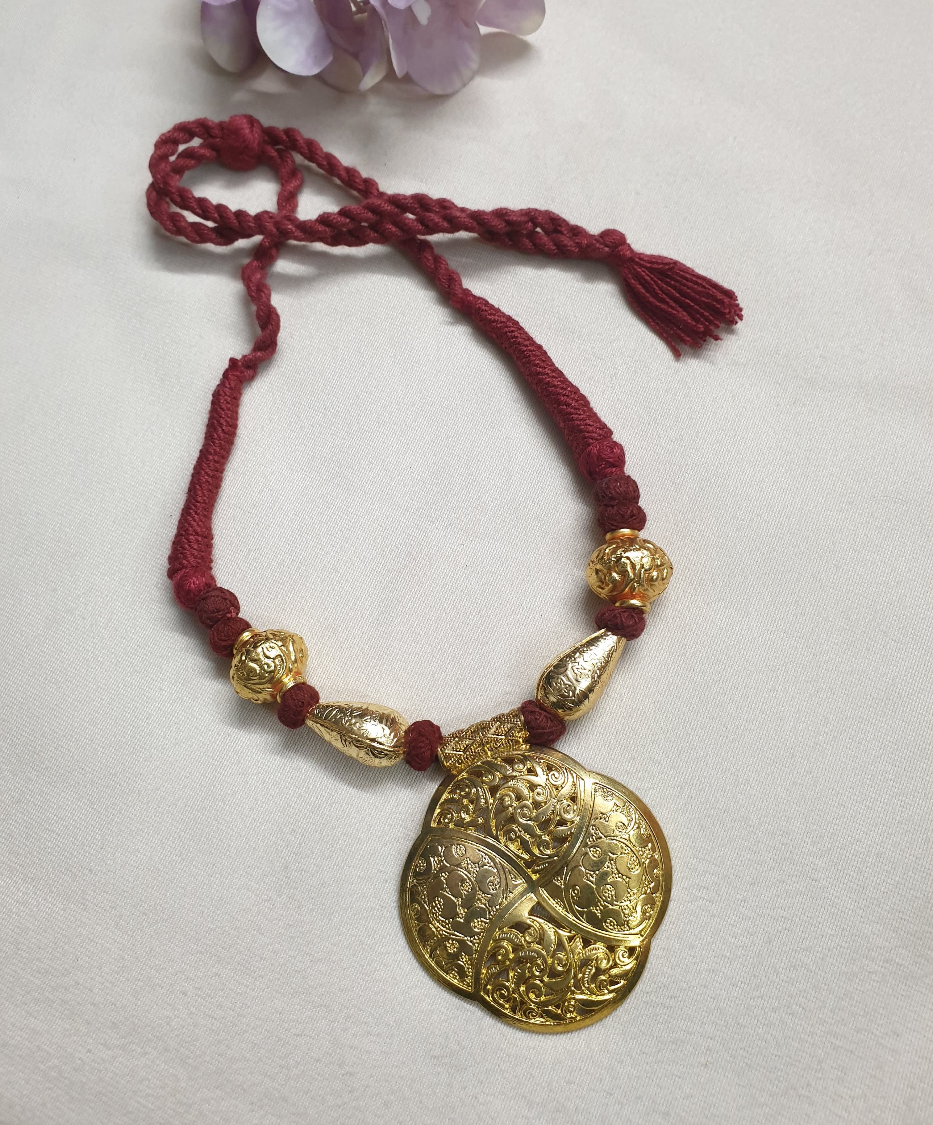 Oxidised Gold Tone Maroon Thread Necklace