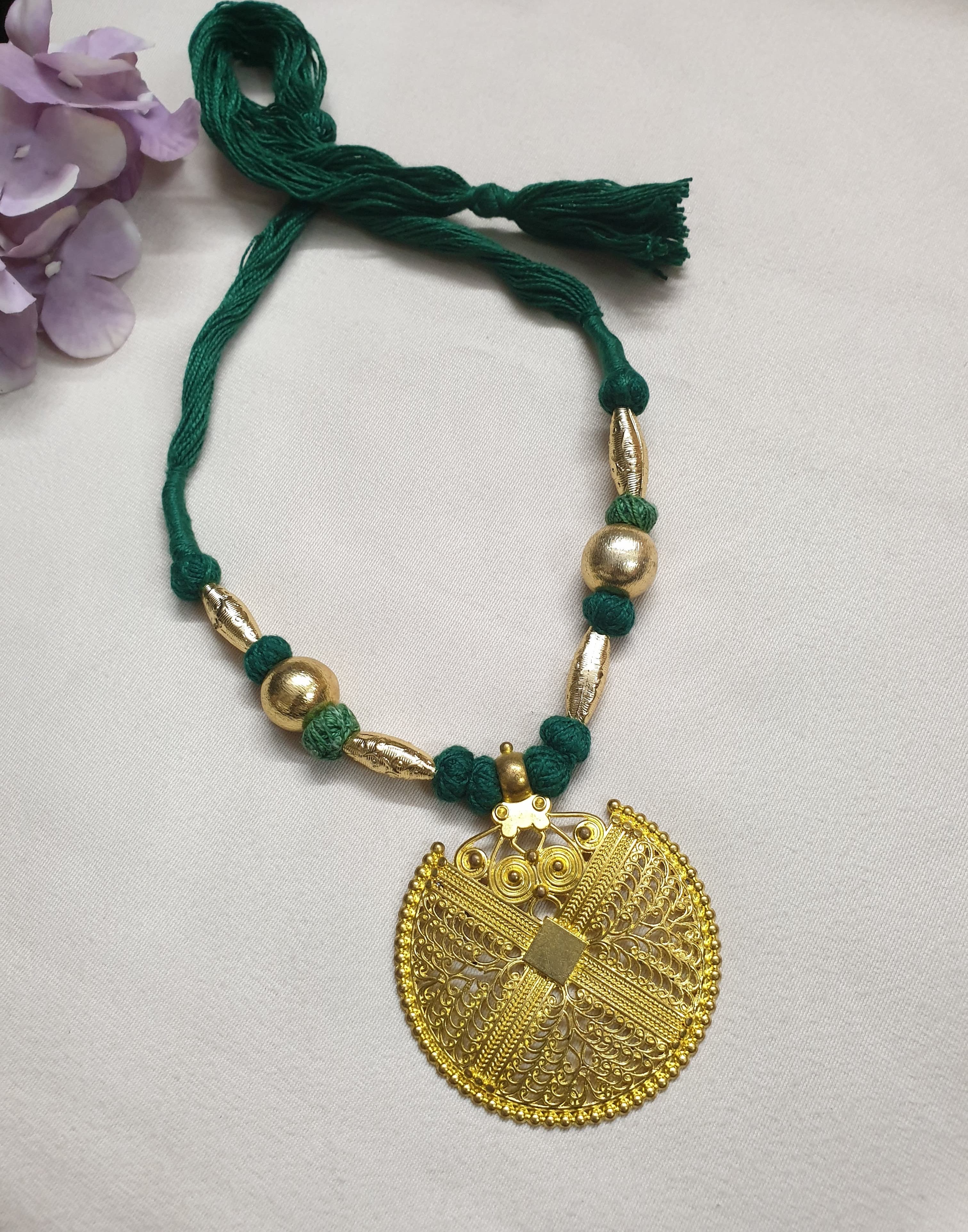 Oxidised Gold Tone Green Thread Necklace