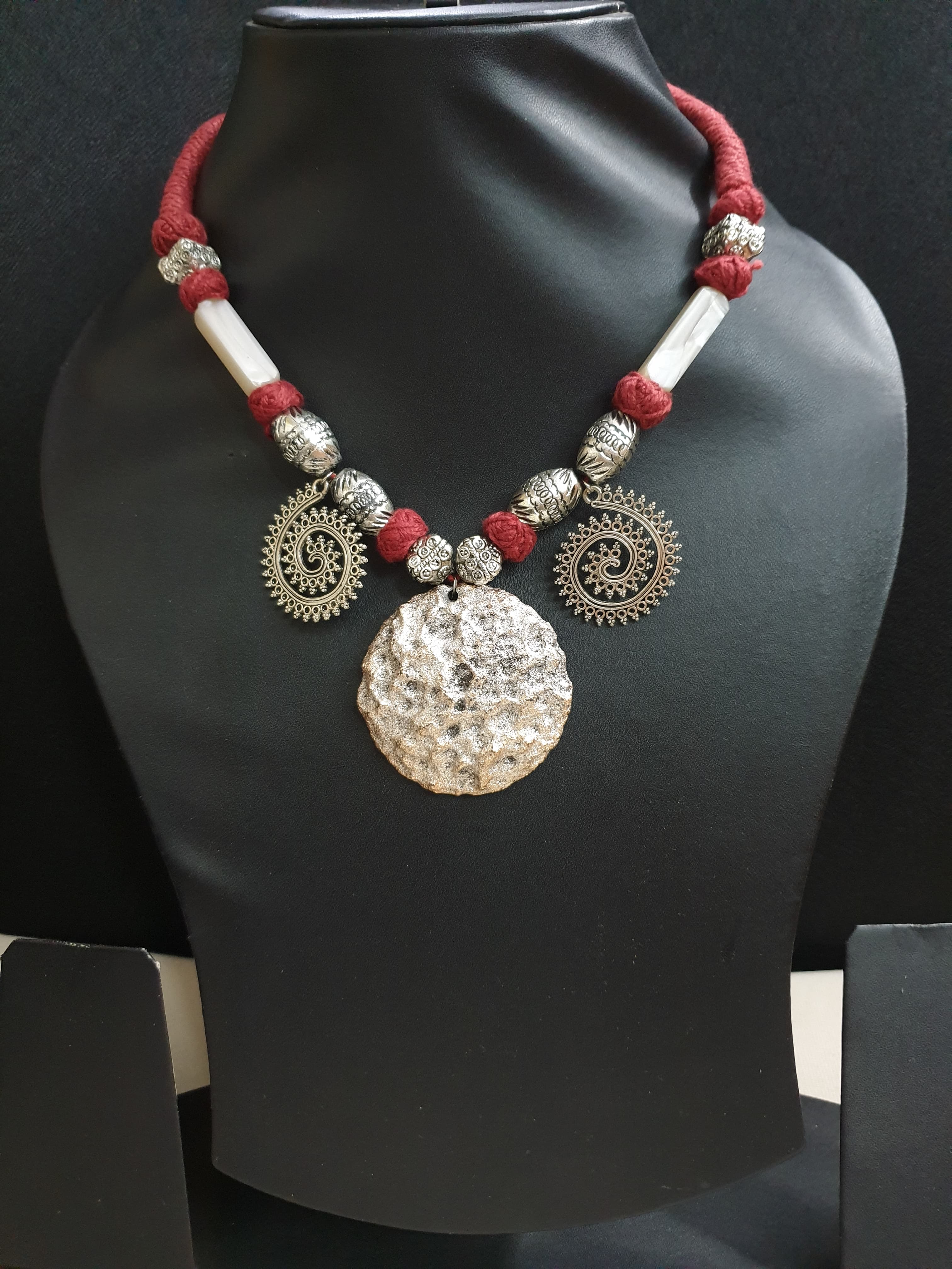 Oxidised Silver Tone Maroon Thread Necklace