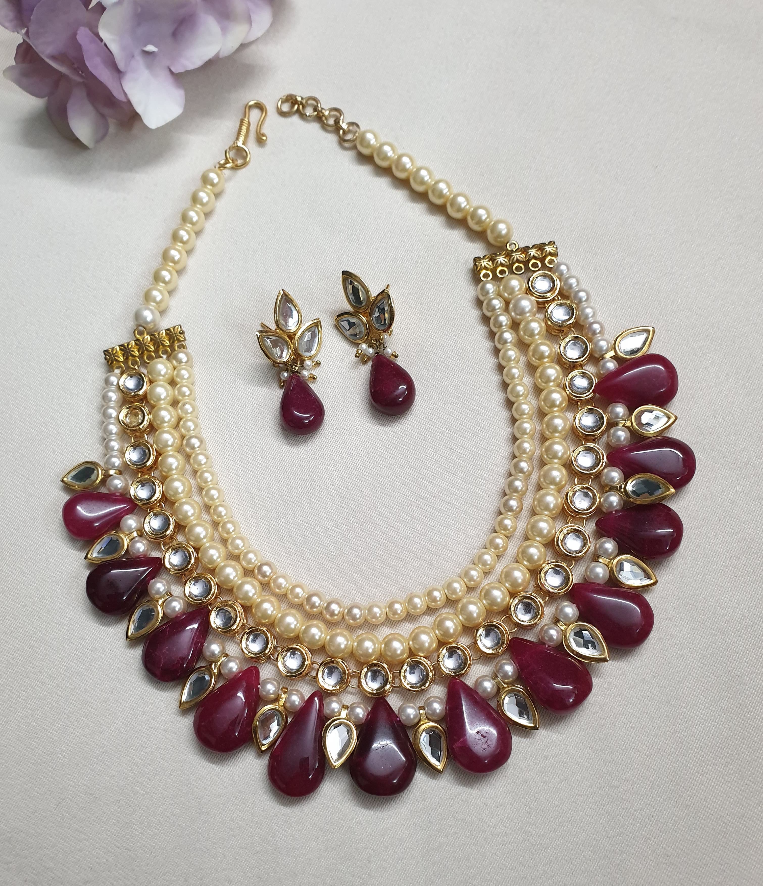 Ruby Red Kundan Pearl Necklace Set With Earrings