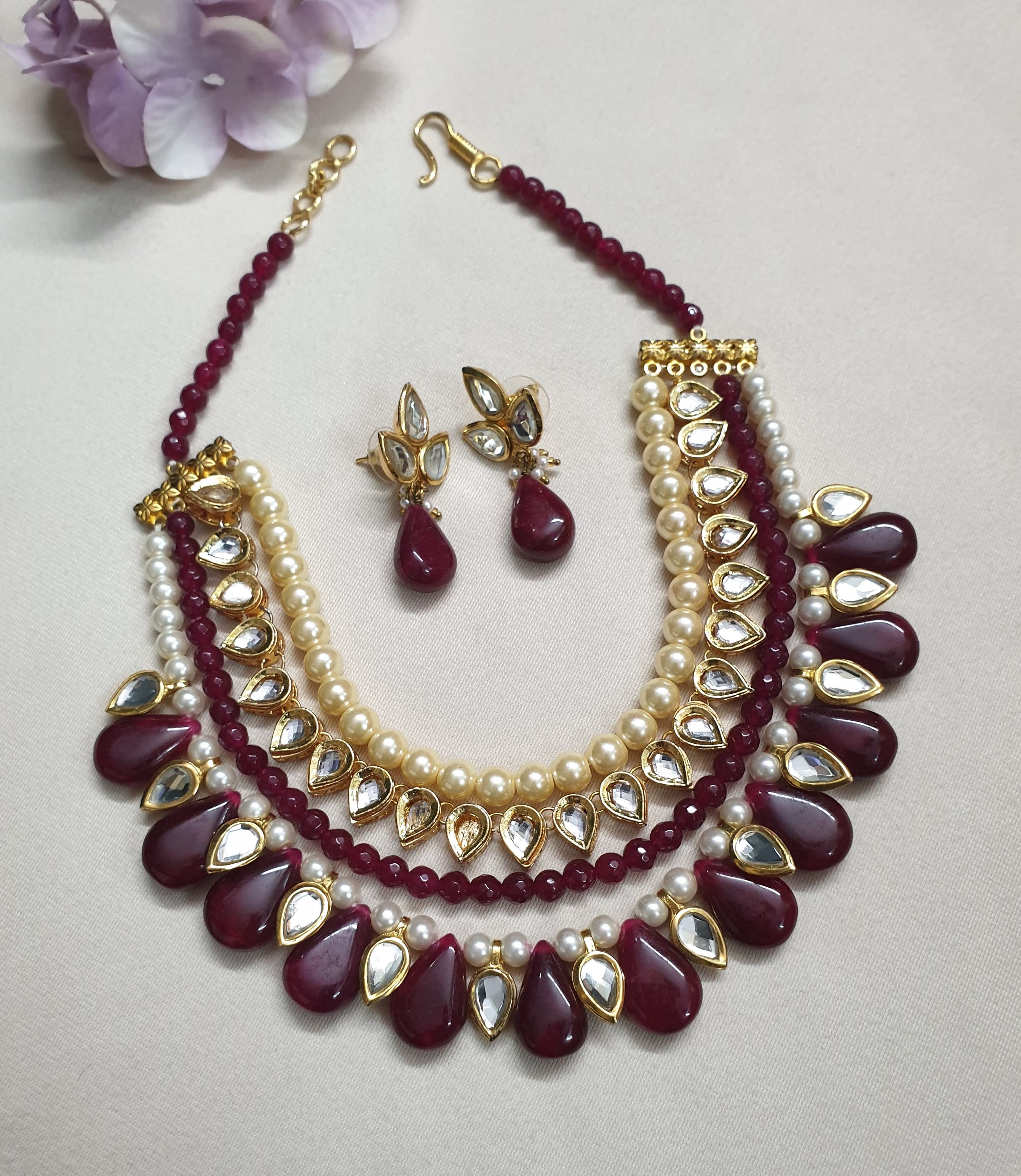 Ruby Red Kundan Necklace Set With Earrings