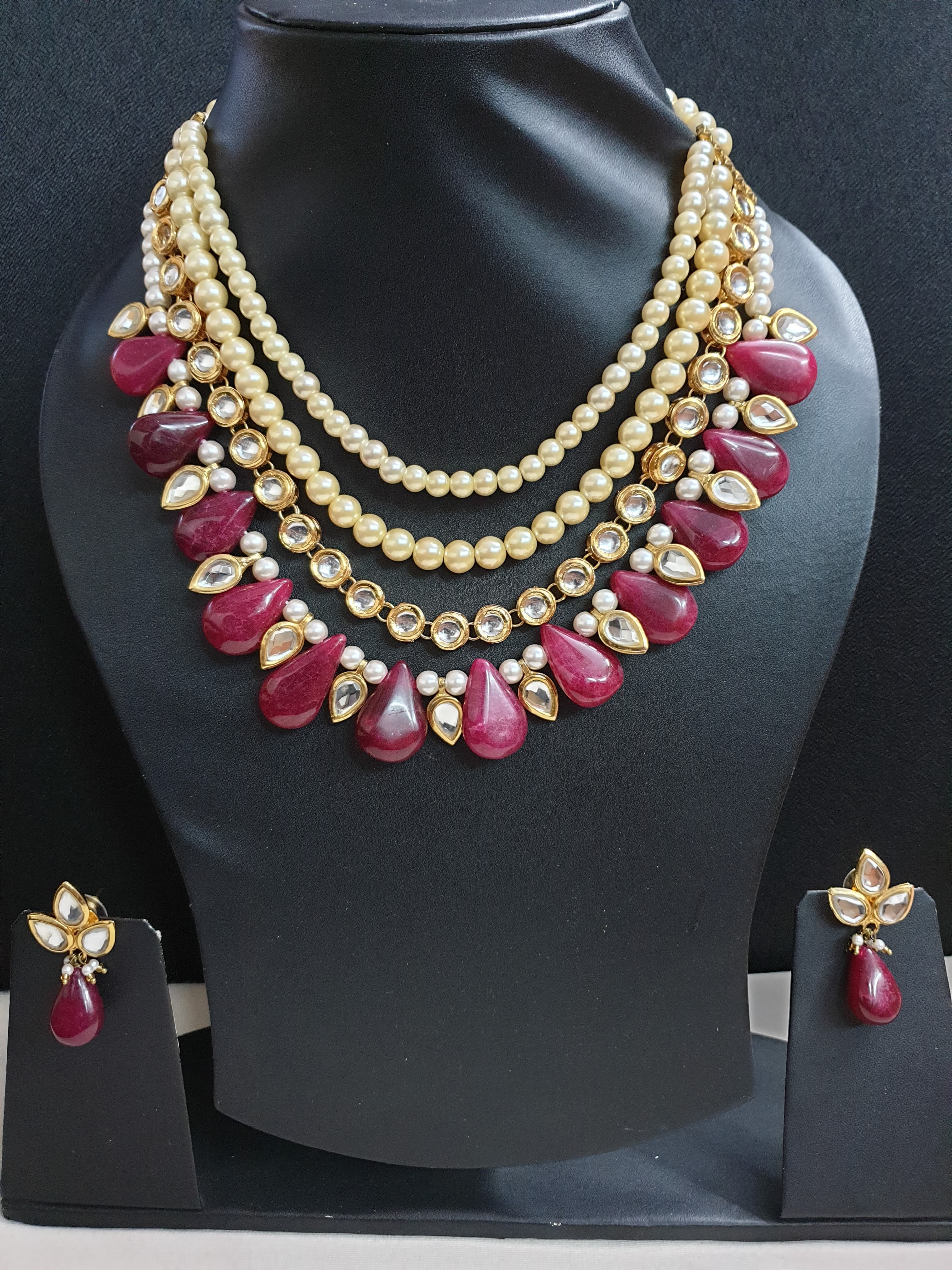 Ruby Red Kundan Pearl Necklace Set With Earrings