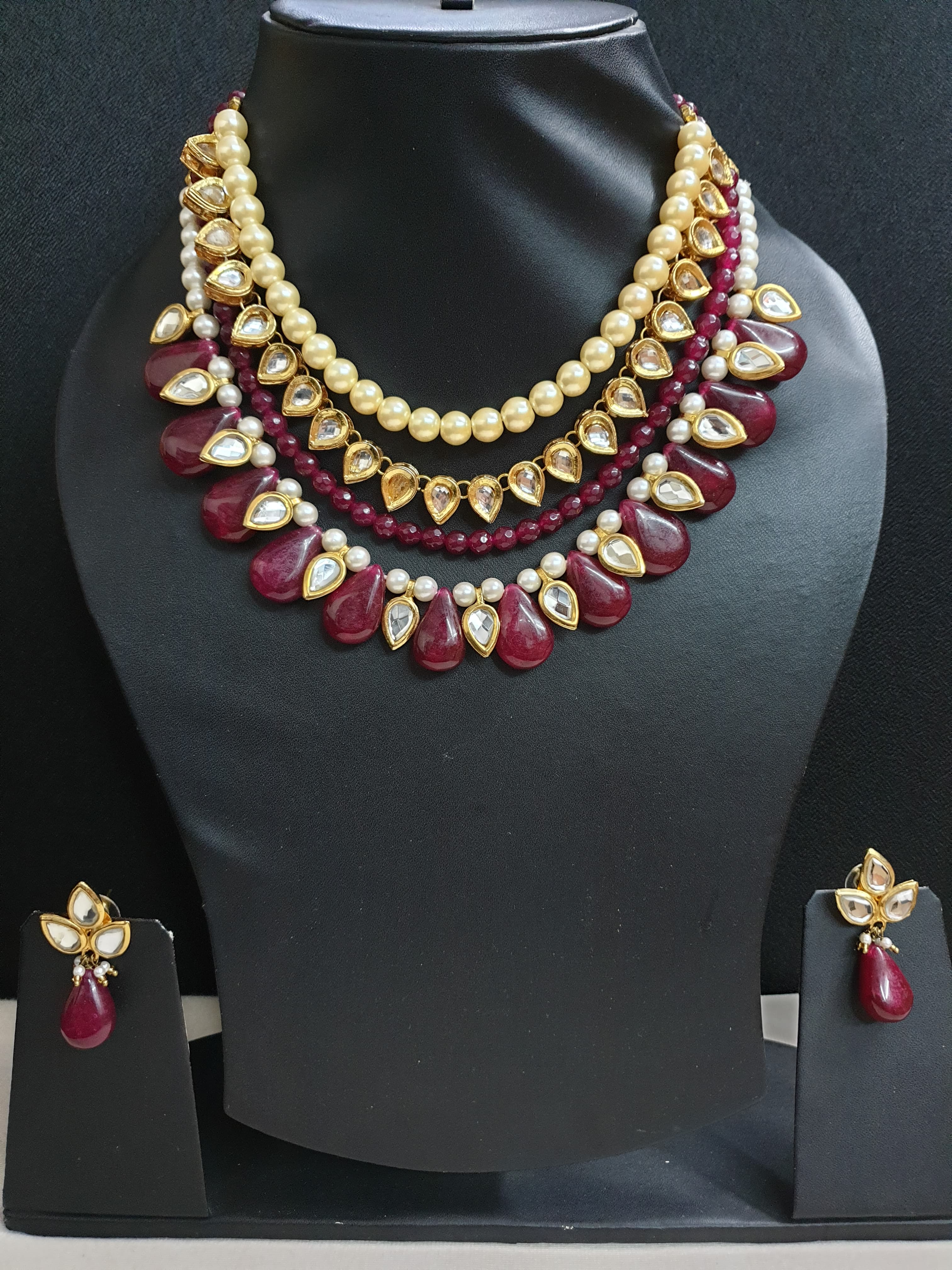 Ruby Red Kundan Necklace Set With Earrings