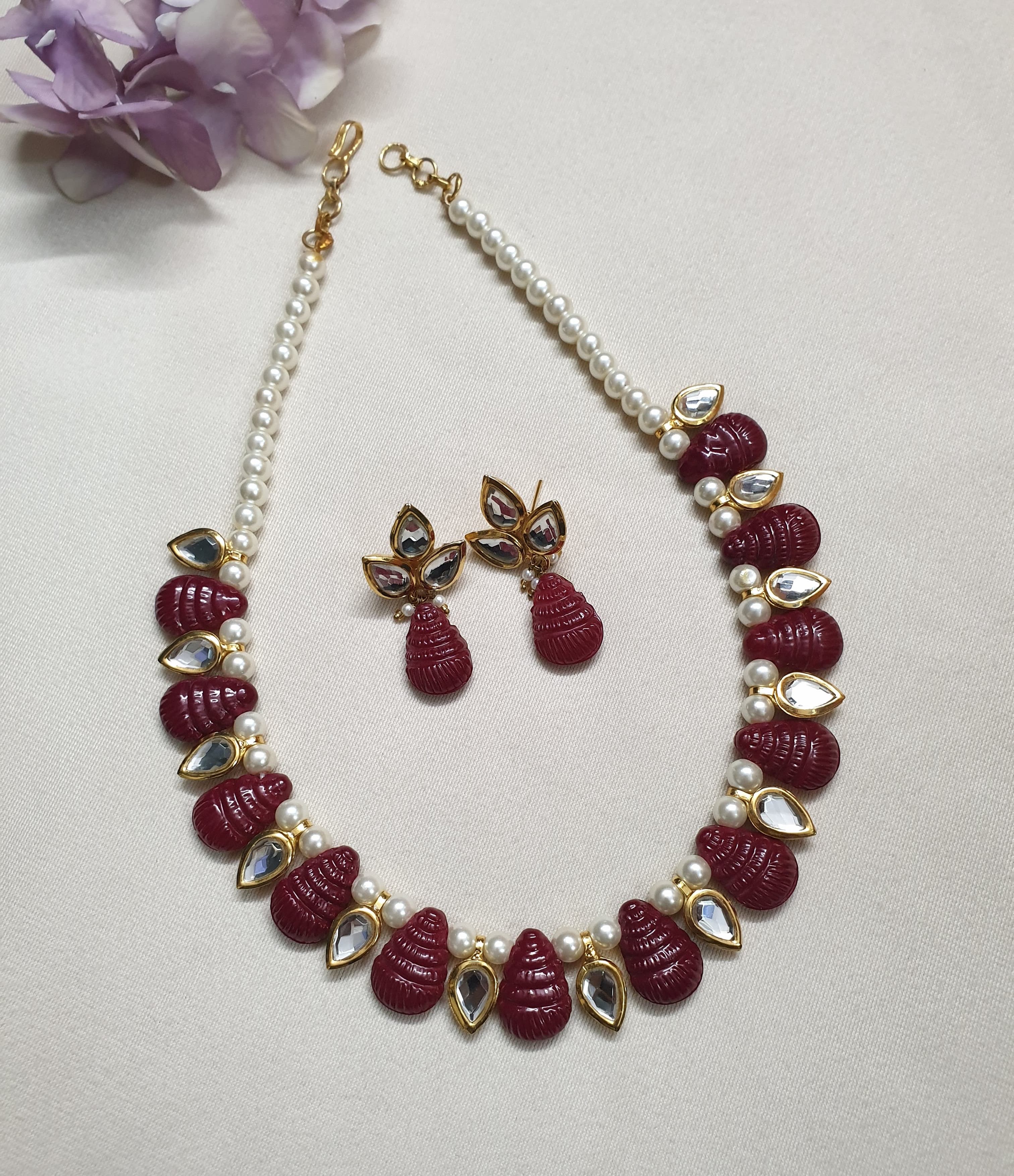 Ruby Red Single Kundan Pearl Necklace Set With Earrings