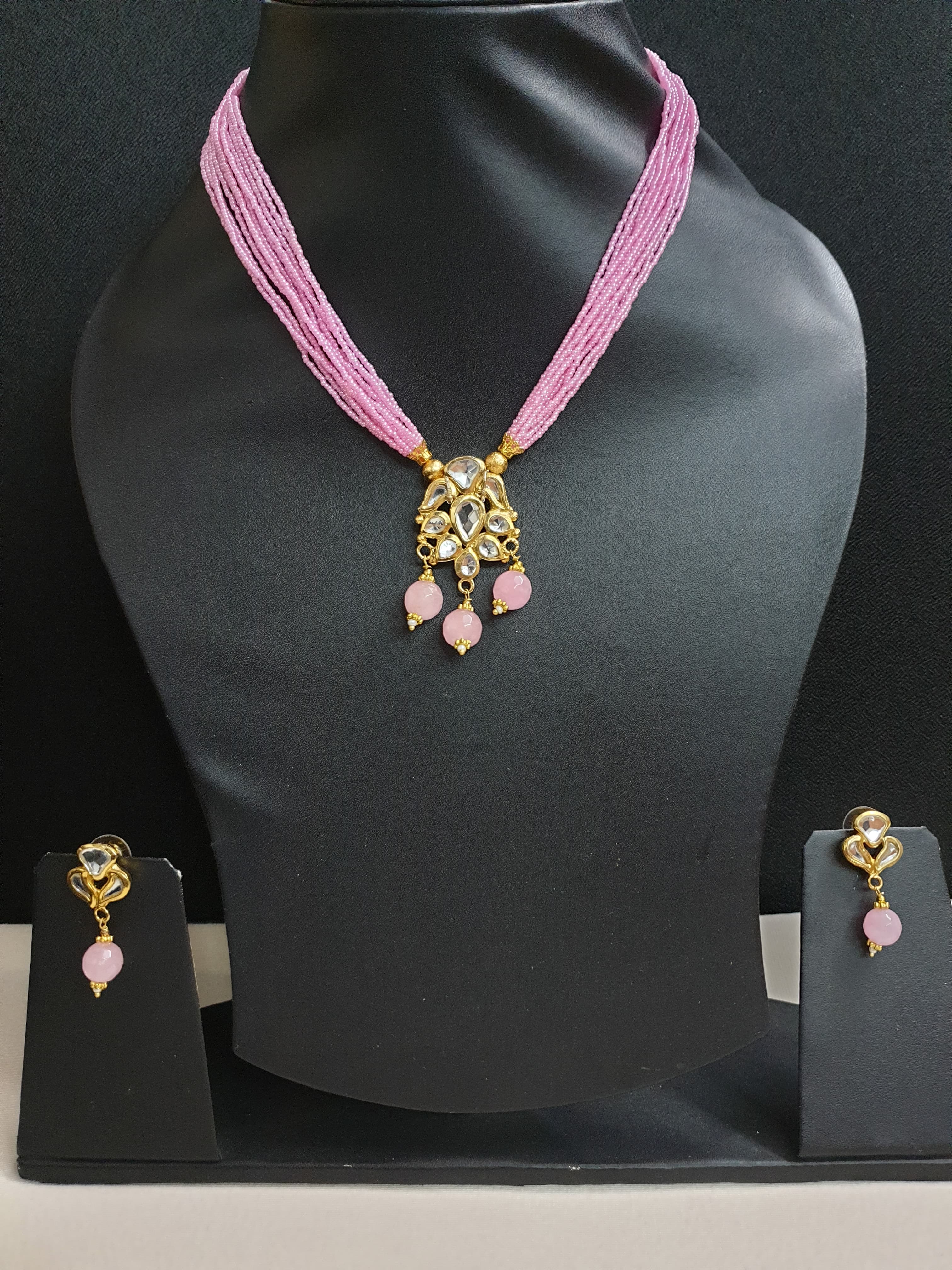 Pink Seed Bead Kundan Pendant Set With Earrings