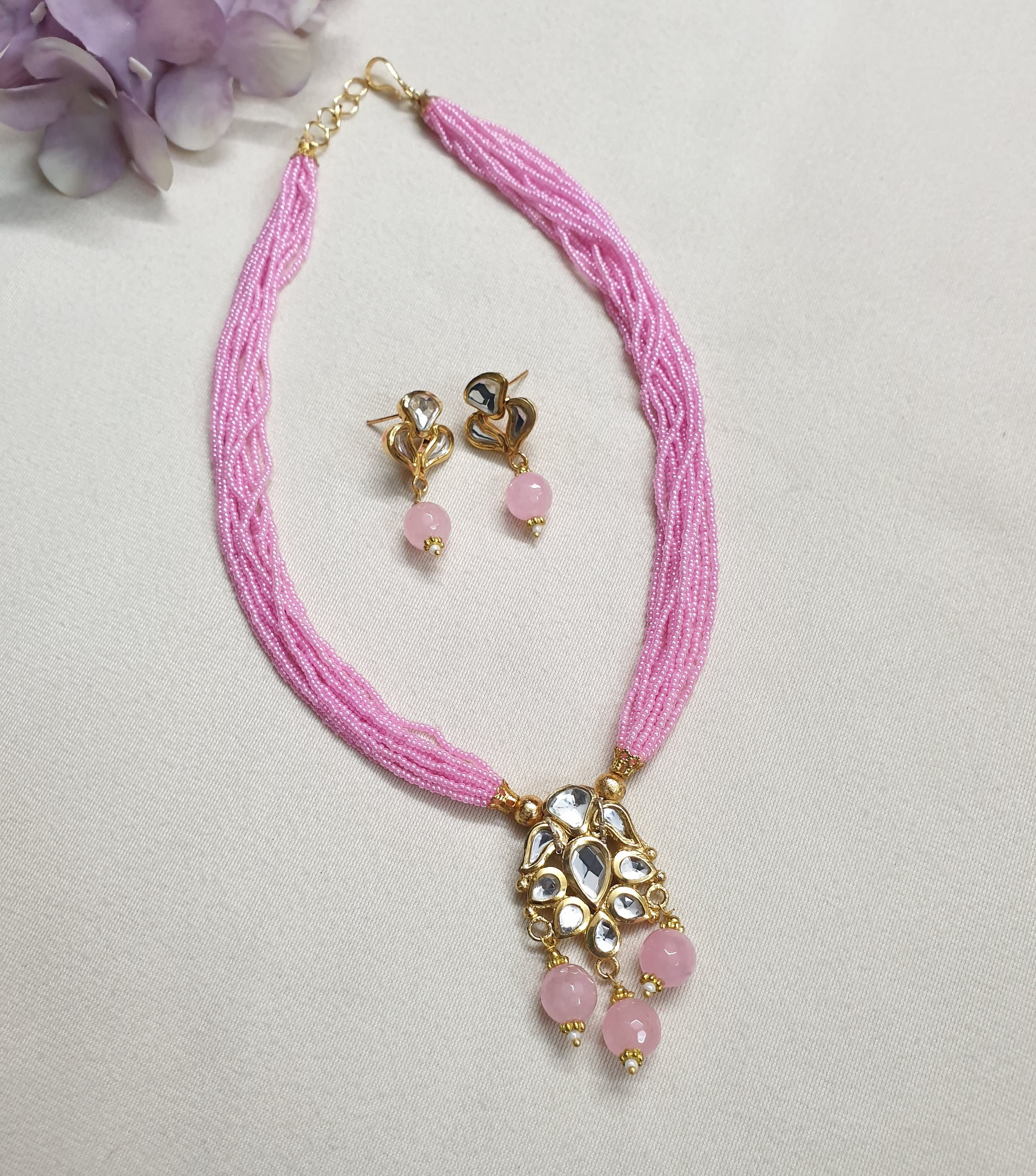 Pink Seed Bead Kundan Pendant Set With Earrings