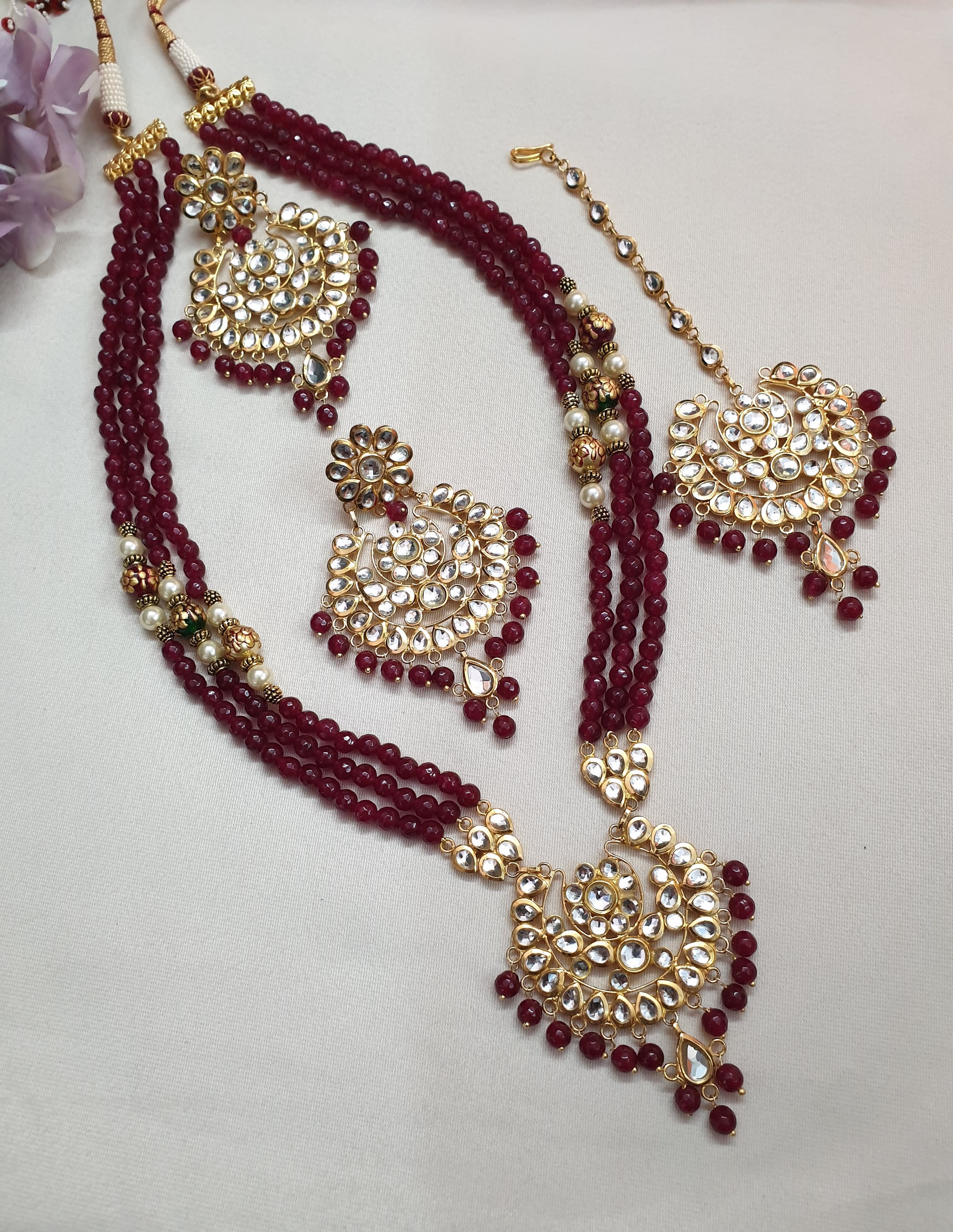 22k Gold Plated Bridal Kundan Pendant Set With Earrings and Maang Tikka