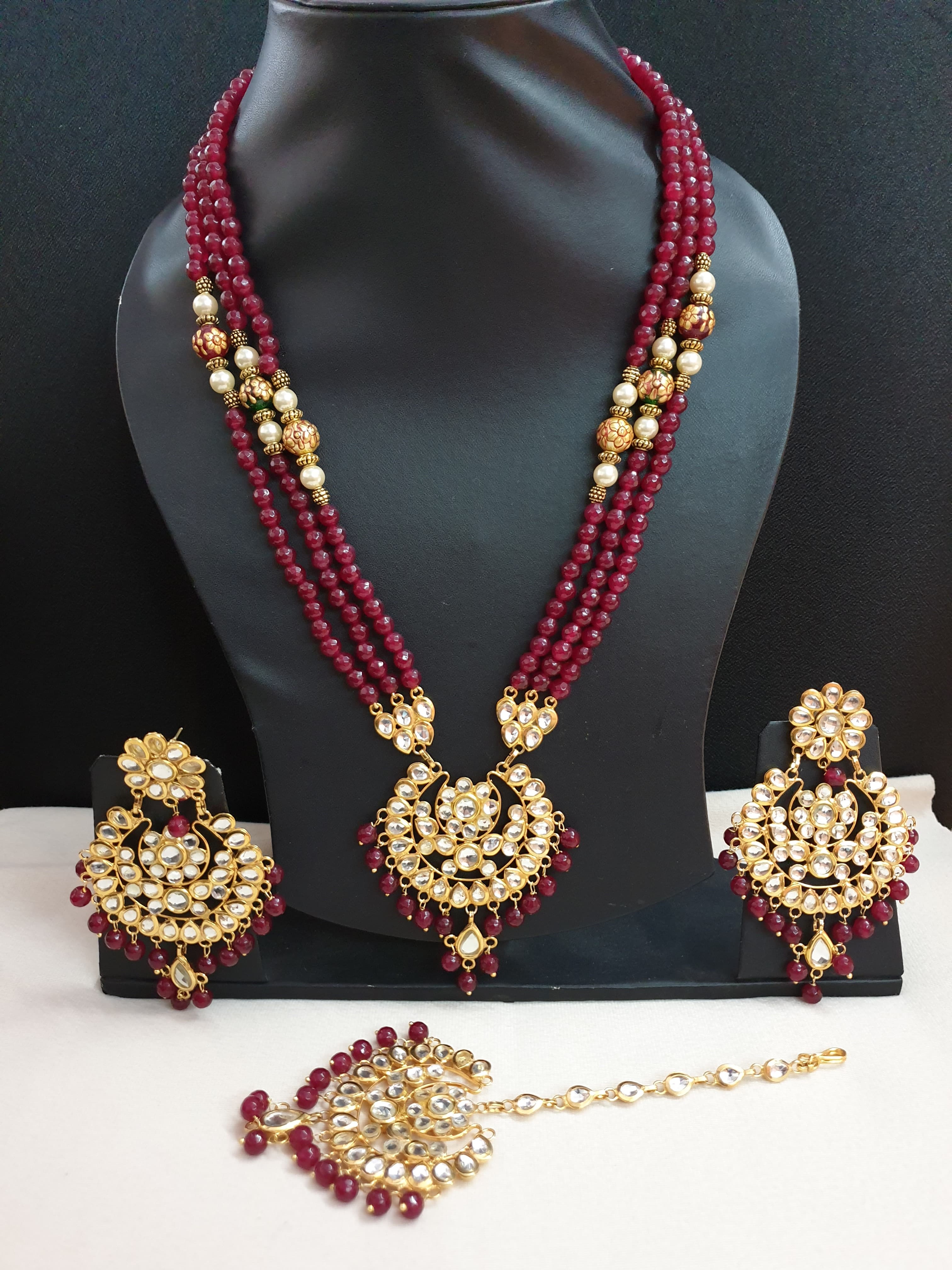 22k Gold Plated Bridal Kundan Pendant Set With Earrings and Maang Tikka