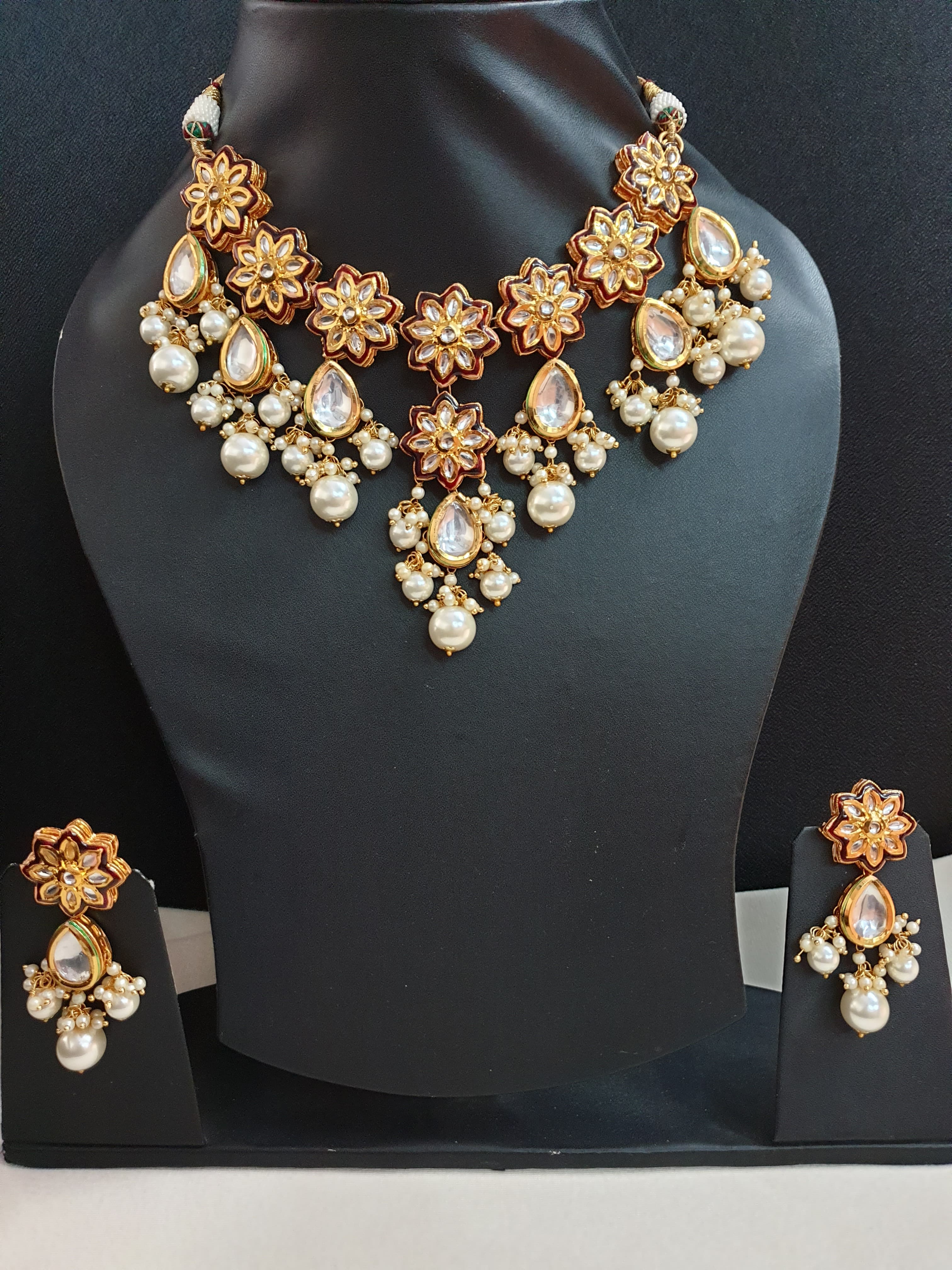 Kundan Floral Maroon Meena Pearl Necklace Set With Earrings