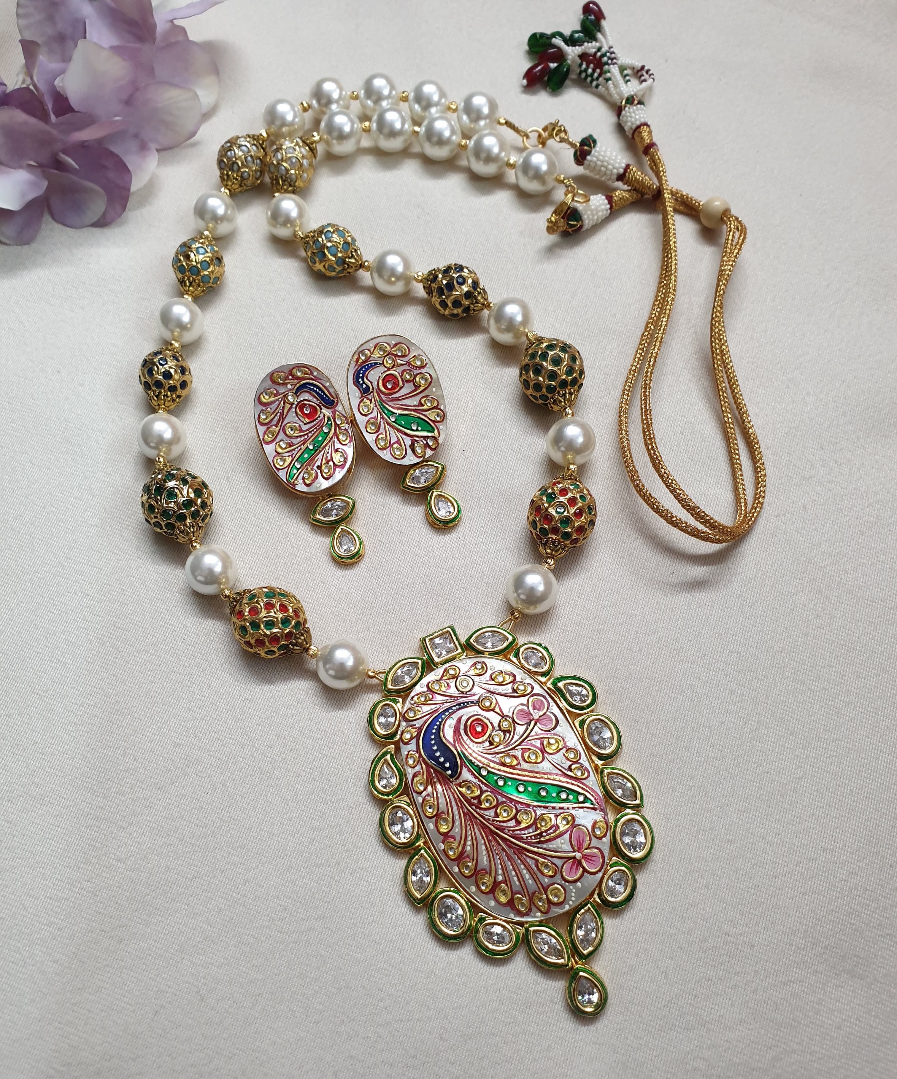 Tanjore Handpainted Jadau Pearl Pendant Set With Earrings