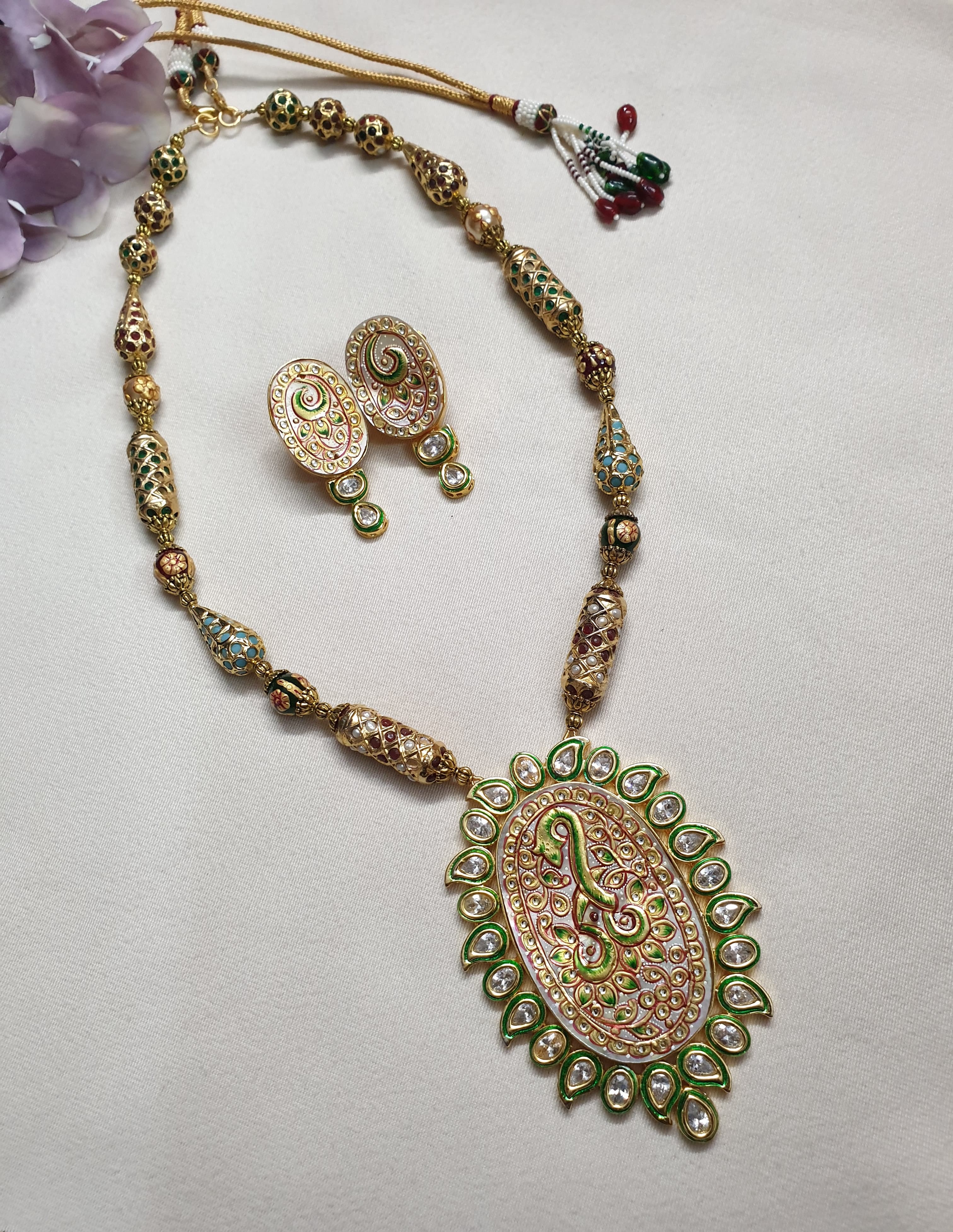 Tanjore Handpainted Jadau Pendant Set With Earrings