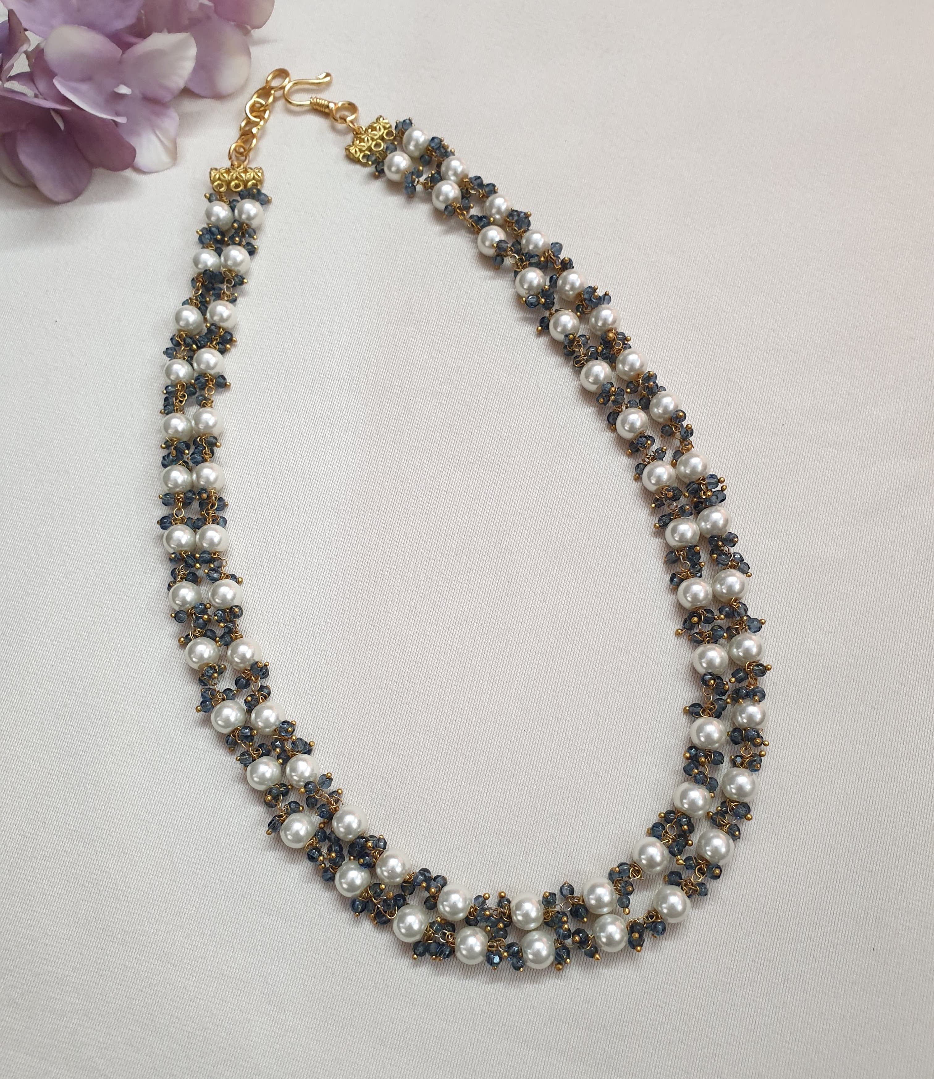 Premium Pearl And Dark Blue Beads Necklace With Earrings