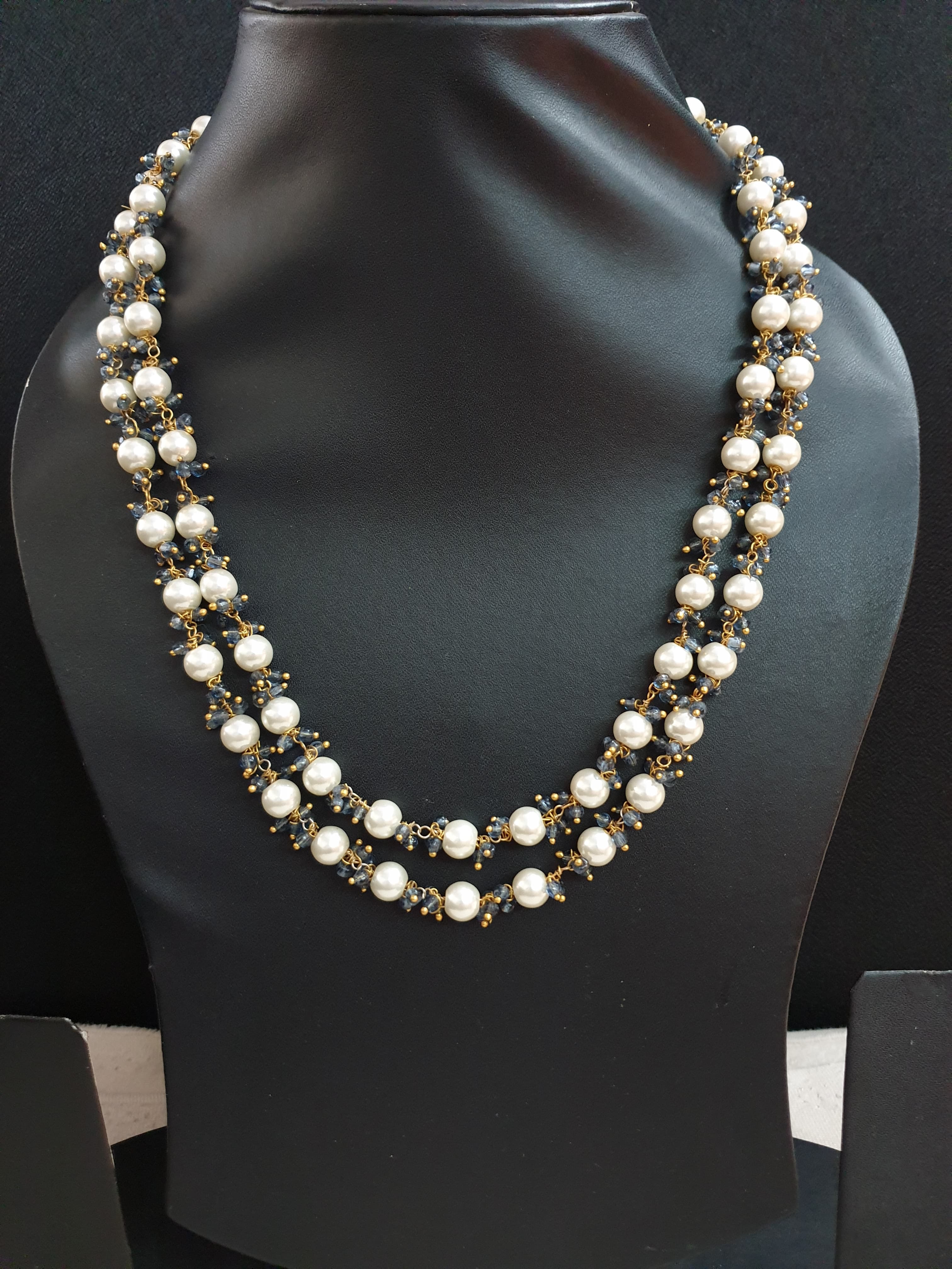 Premium Pearl And Dark Blue Beads Necklace With Earrings