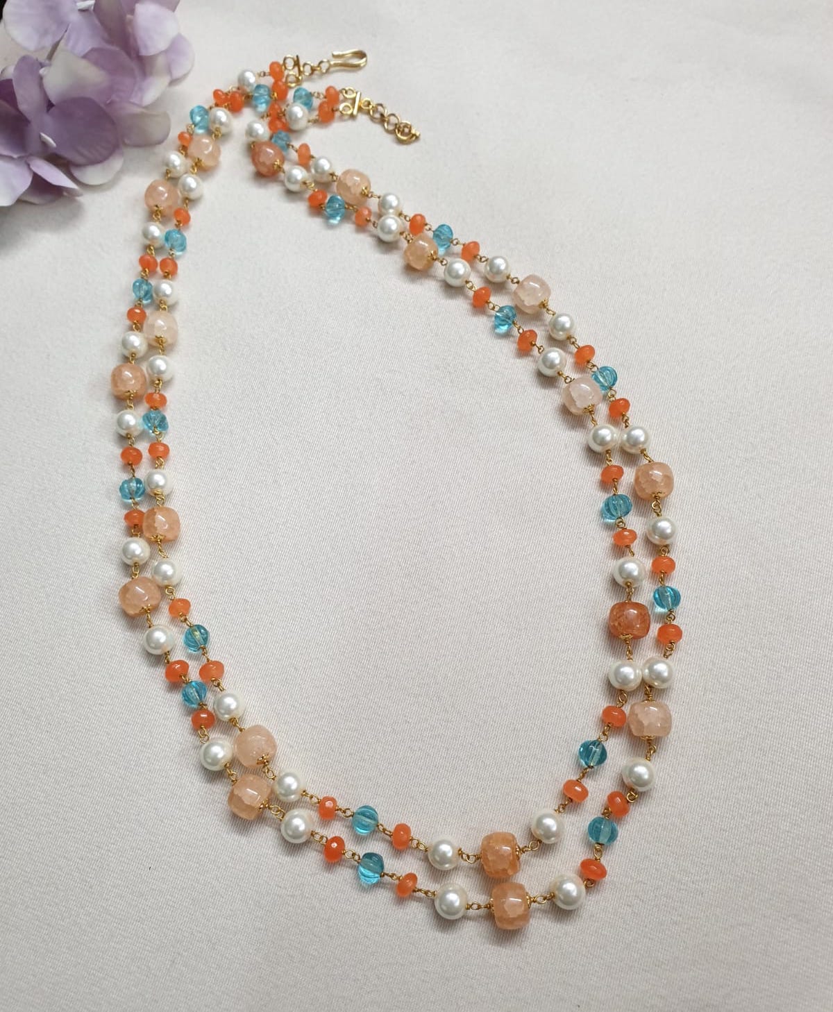 Orange Stone Double Layered Beads Pearl Long Mala